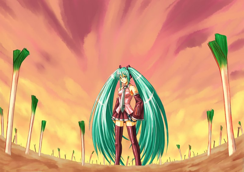 inusurvivor, hatsune miku, fate/stay night, fate (series), vocaloid, bad id, bad pixiv id, 1girl, aqua hair, female focus, field of blades, long hair, parody, solo, spring onion, thighhighs, twintails, unlimited blade works (reality marble), very long hair