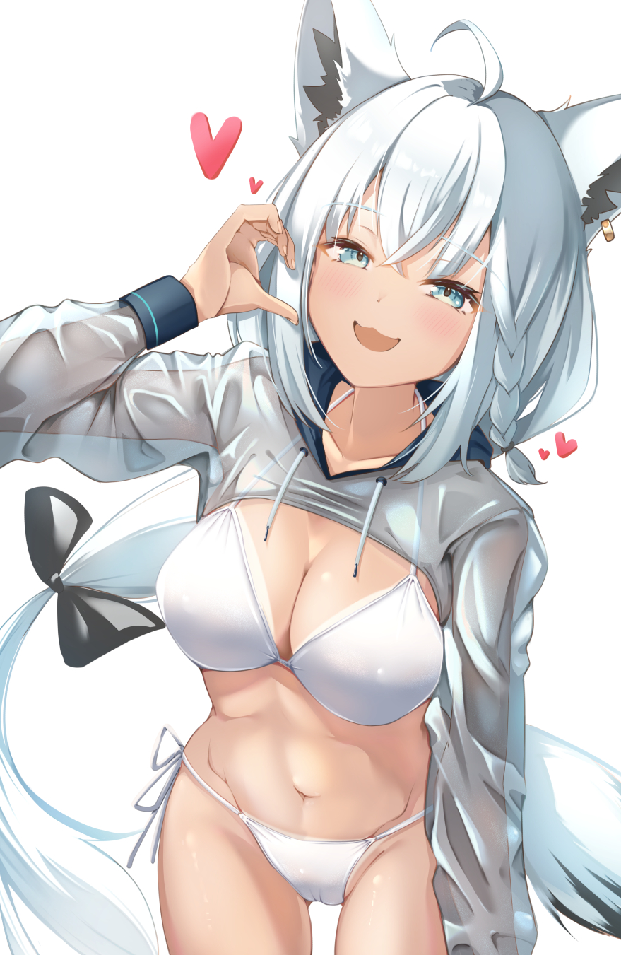 syukuri works, shirakami fubuki, hololive, commentary request, highres, 1girl, :3, :d, ahoge, alternate costume, animal ear fluff, animal ear piercing, animal ears, bikini, bikini tan, blue eyes, blush, braid, breasts, cleavage, collarbone, cowboy shot, crossed bangs, drawstring, fox ears, fox girl, fox tail, groin, hair between eyes, half-heart hands, hand up, heart, large breasts, long hair, long sleeves, looking at viewer, navel, open mouth, see-through shrug, shrug (clothing), side braid, sidelocks, simple background, single braid, smile, solo, standing, stomach, swimsuit, tail, tan, tanline, virtual youtuber, white background, white bikini, white hair