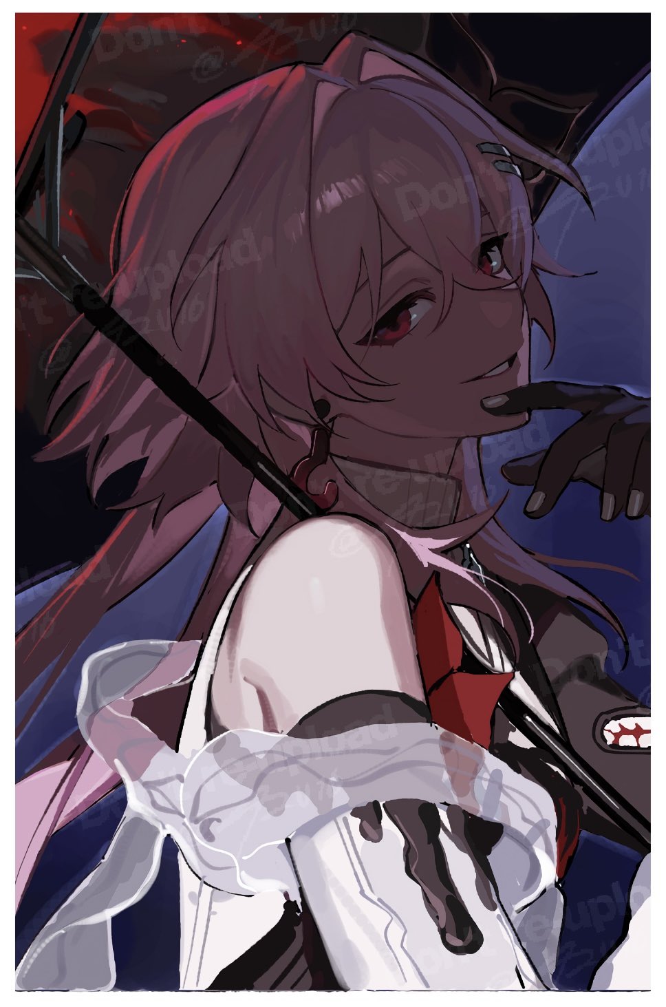 42u16, evernight (honkai: star rail), march 7th (honkai: star rail), honkai: star rail, honkai (series), highres, 1girl, black flower, black gloves, black umbrella, flower, gloves, hair flower, hair ornament, holding, holding umbrella, looking at viewer, official alternate eye color, pink hair, red eyes, single bare shoulder, smile, solo, umbrella