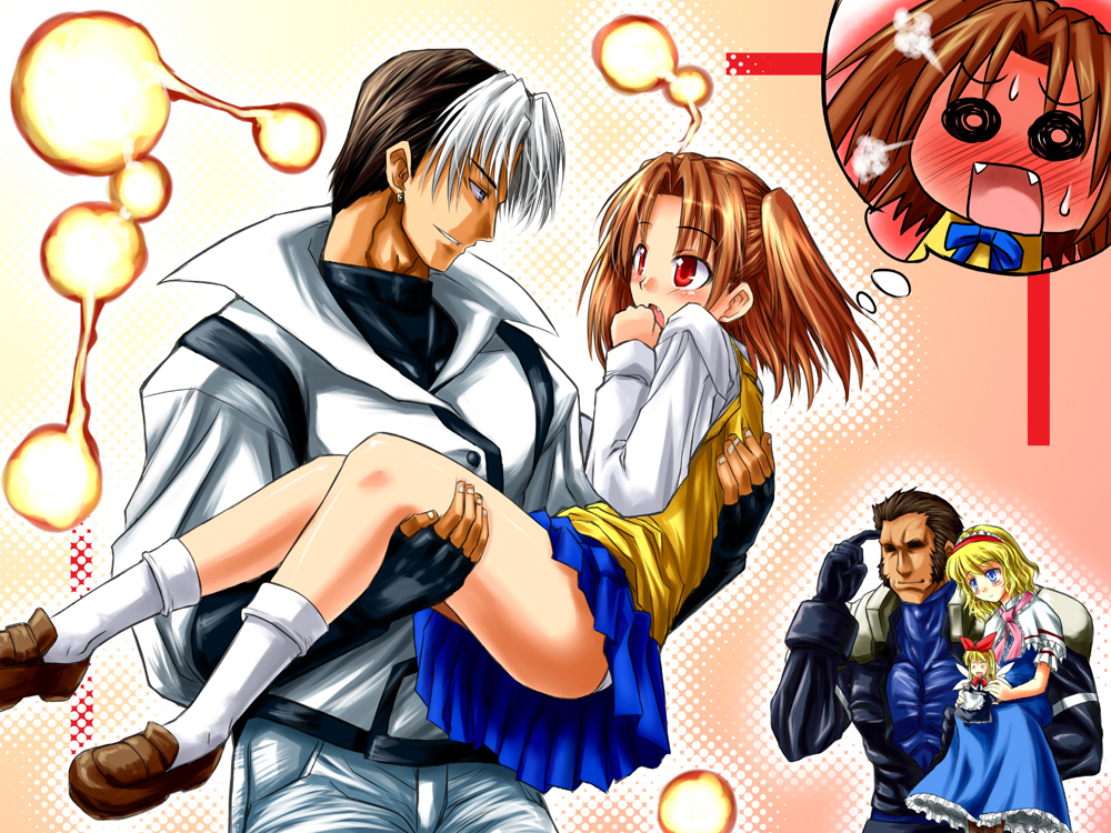 imai nyuu, inusurvivor, alice margatroid, maxima, sachiel (mugen), shanghai doll, yumizuka satsuki, m.u.g.e.n, melty blood, snk, the king of fighters, touhou, tsukihime, 00s, 2boys, 2girls, blue skirt, blush, bobby socks, colored bangs, crossover, fang, fangs, multiple boys, multiple girls, panties, school uniform, serafuku, skirt, socks, underwear
