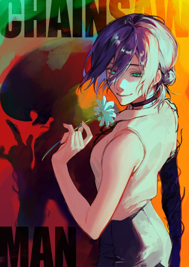 akuta vi, bomb devil (chainsaw man), reze (chainsaw man), chainsaw man, 1girl, black choker, black ribbon, choker, green eyes, grenade pin, hair between eyes, hair bun, neck ribbon, pull cord, ribbon, shirt, shirt tucked in, single hair bun, sleeveless, sleeveless shirt, solo, transformation