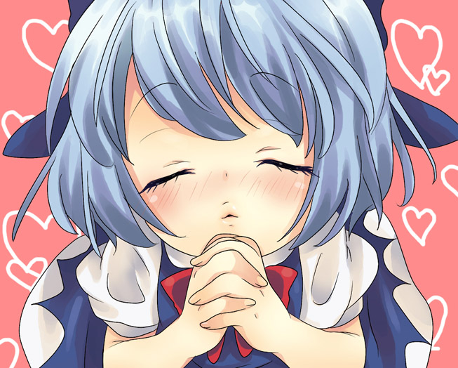 maki (natoriumu), maki (pixiv), cirno, embodiment of scarlet devil, touhou, bad id, bad pixiv id, 1girl, blue hair, blush, bow, closed eyes, facing viewer, female focus, hair ribbon, heart, incoming kiss, kiss, looking up, own hands clasped, own hands together, pov, ribbon, simple background, solo, upper body
