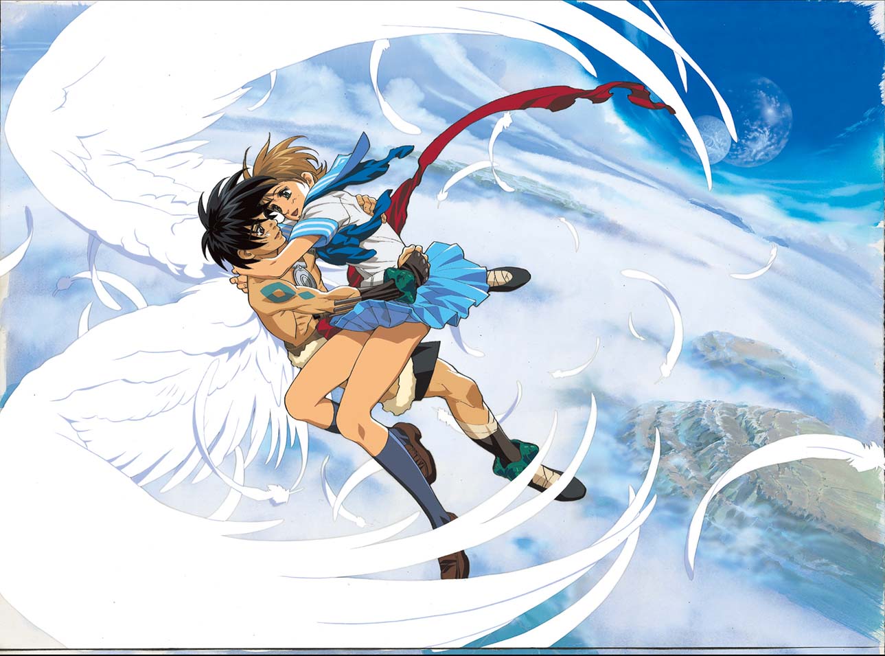 yuuki nobuteru, kanzaki hitomi, van fanel, tenkuu no escaflowne, official art, 1boy, 1girl, blue bow, blue hair, blue sailor collar, blue skirt, bow, brown hair, dark-skinned male, dark skin, escaflowne (movie), feathered wings, feathers, full body, green eyes, open mouth, planet, pleated skirt, sailor collar, school uniform, serafuku, short hair, skirt, smile, wings