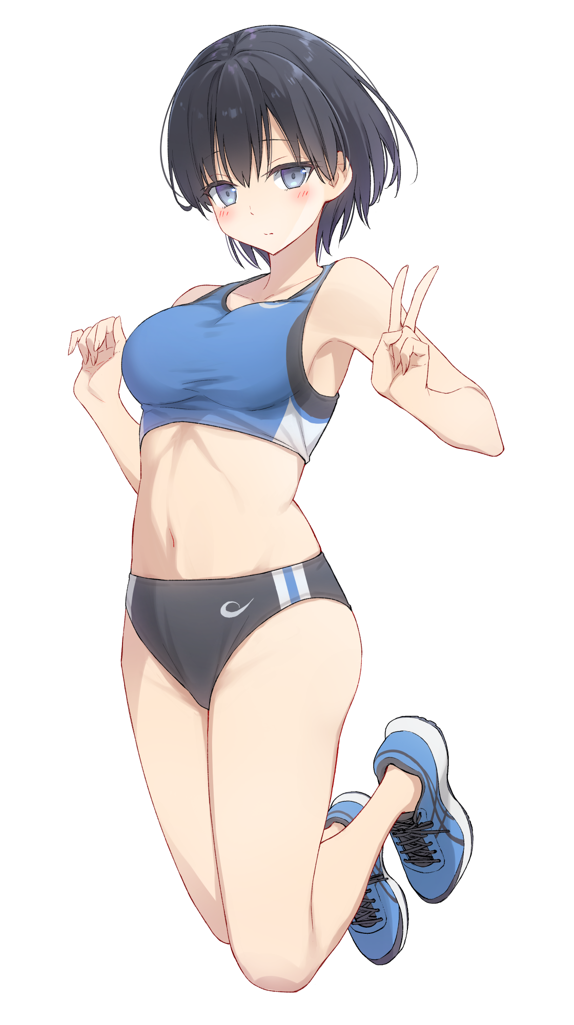 tsuke (maholabo), original, commentary request, commission, highres, pixiv commission, 1girl, bare shoulders, black buruma, black hair, blue eyes, blue shoes, blue sports bra, blush, breasts, buruma, closed mouth, collarbone, full body, groin, hair between eyes, large breasts, looking at viewer, midriff, navel, shoes, short hair, sidelocks, sneakers, solo, sports bikini, sports bra, toned, toned female, v
