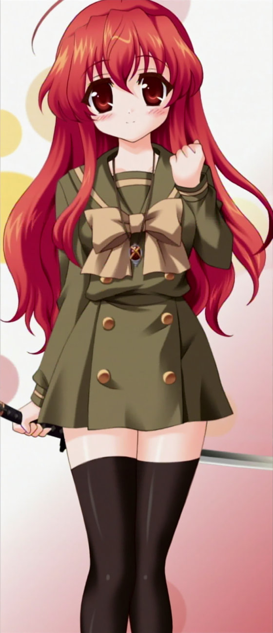 alastor (shakugan no shana), nogizaka haruka, shana, nogizaka haruka no himitsu, shakugan no shana, highres, 1girl, ahoge, cosplay, female focus, jewelry, long hair, pendant, red eyes, red hair, school uniform, serafuku, shana (cosplay), solo, sword, thighhighs, weapon, zettai ryouiki