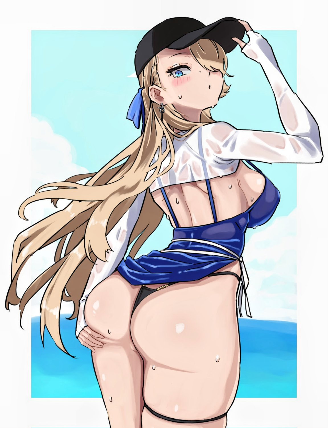 wilhelmina (brown dust), wilhelmina (water park queen) (brown dust), brown dust (series), brown dust 2, hashtag-only commentary, highres, 1girl, arm up, ass, baseball cap, bikini, black bikini, black hat, blonde hair, blue dress, blue eyes, blush, breasts, dress, earrings, from behind, hair over one eye, hand on own ass, hat, jewelry, large breasts, long hair, looking at viewer, looking back, official alternate costume, ribbon, shrug (clothing), skst39395, solo, swimsuit, thick thighs, thigh strap, thighs, very long hair, wet, white shrug