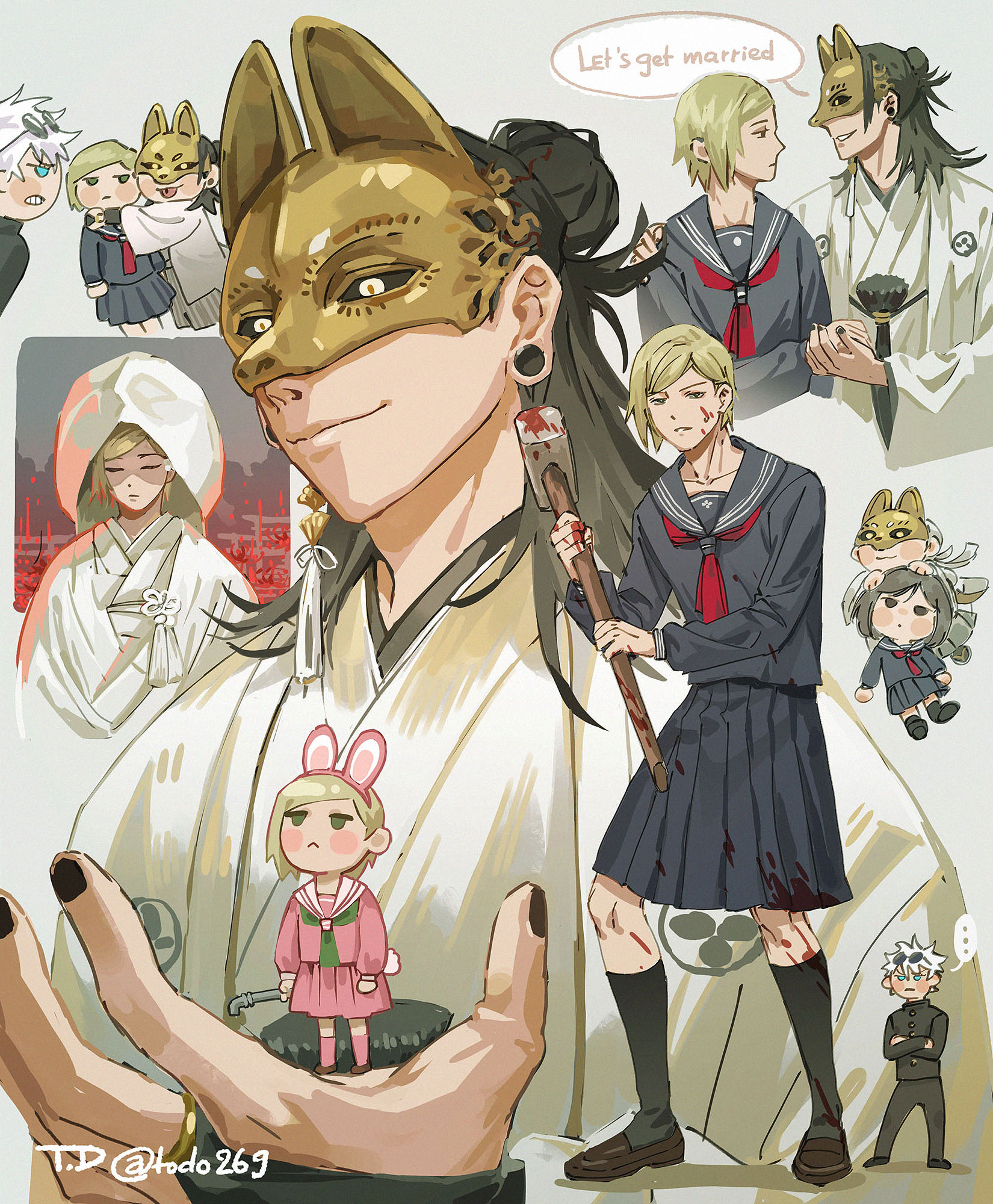 todo269, fox mask (silent hill), getou suguru, gojou satoru, nanami kento, shimizu hinako, jujutsu kaisen, silent hill (series), silent hill f, highres, …, 1girl, 4boys, animal ear hairband, animal ears, arm around shoulder, arms around neck, black hair, black nails, black sailor collar, black sclera, black shirt, black skirt, black socks, blonde hair, blood, blood on face, blue eyes, blush stickers, bridal gauntlets, brown shoes, clenched teeth, closed eyes, closed mouth, colored sclera, cosplay, crossdressing, crossdressing (mtf), crossed arms, earrings, english text, eyewear on head, fake animal ears, fighting stance, fox mask, fox mask (silent hill) (cosplay), full body, hair behind ear, hair bun, hairband, holding, holding hands, holding lead pipe, holding mallet, in palm, japanese clothes, jewelry, kimono, lead pipe, loafers, long hair, mallet, marriage proposal, mask, multiple boys, nail polish, neckerchief, parted lips, pink serafuku, pink shirt, pink skirt, pink socks, pleated skirt, plug (piercing), rabbit ears, red neckerchief, robe, sailor collar, school uniform, serafuku, shimizu hinako (cosplay), shirt, shoes, short hair, single earring, skirt, smile, socks, spiked hair, spoken ellipsis, sunglasses, swept bangs, tassel, tassel earrings, teeth, twitter username, uchikake, white hair, white kimono, white robe, white sailor collar, yaoi, yellow eyes