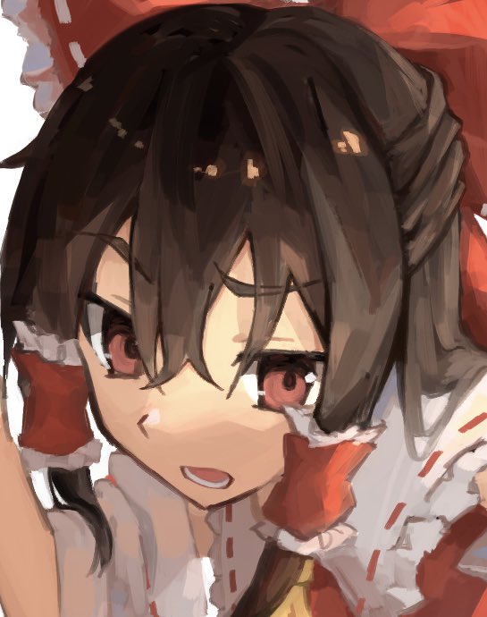 bo cota, hakurei reimu, touhou, 1girl, brown eyes, brown hair, detached sleeves, from above, hair ribbon, hair tubes, medium hair, portrait, ribbon, solo, white background, wide sleeves