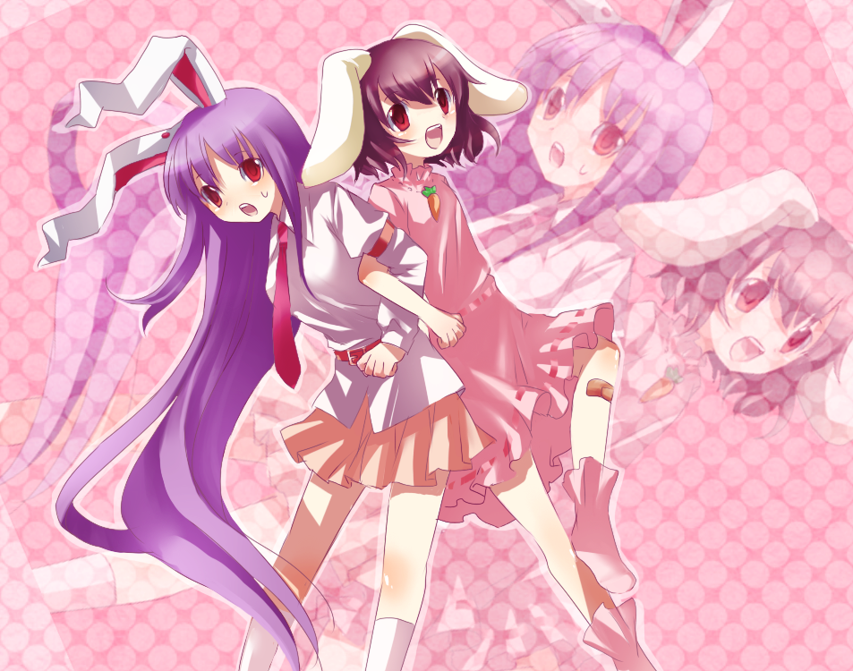 neme, inaba tewi, reisen udongein inaba, touhou, bad id, bad pixiv id, 2girls, animal ears, breasts, brown hair, dress, female focus, long hair, multiple girls, purple hair, rabbit ears, red eyes, short hair, skirt, socks, zoom layer