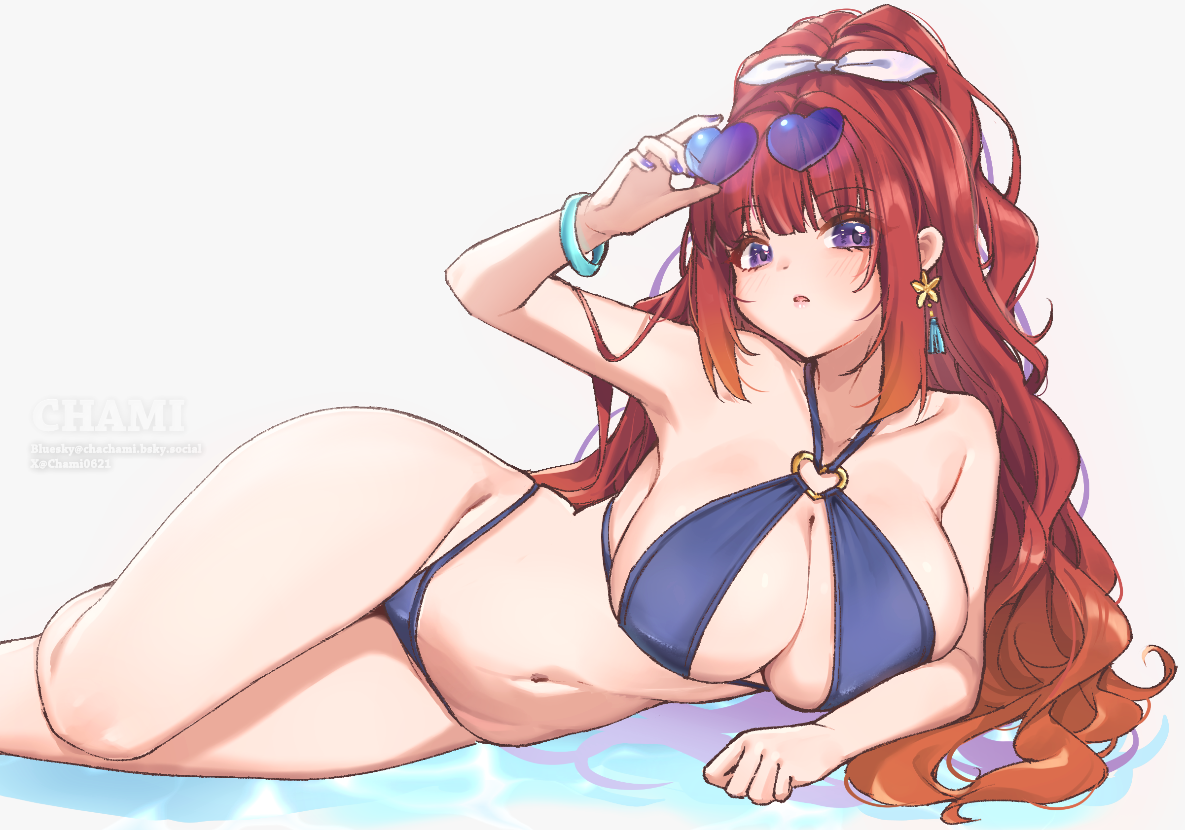chami (charming621), original, commentary request, highres, 1girl, adjusting eyewear, artist name, bikini, bracelet, breasts, earrings, eyewear on head, hair ribbon, heart, heart-shaped eyewear, heart o-ring, huge breasts, jewelry, long hair, looking at viewer, lying, navel, o-ring, on side, parted lips, purple bikini, purple eyes, purple nails, red hair, ribbon, solo, sunglasses, swimsuit, white background, white ribbon