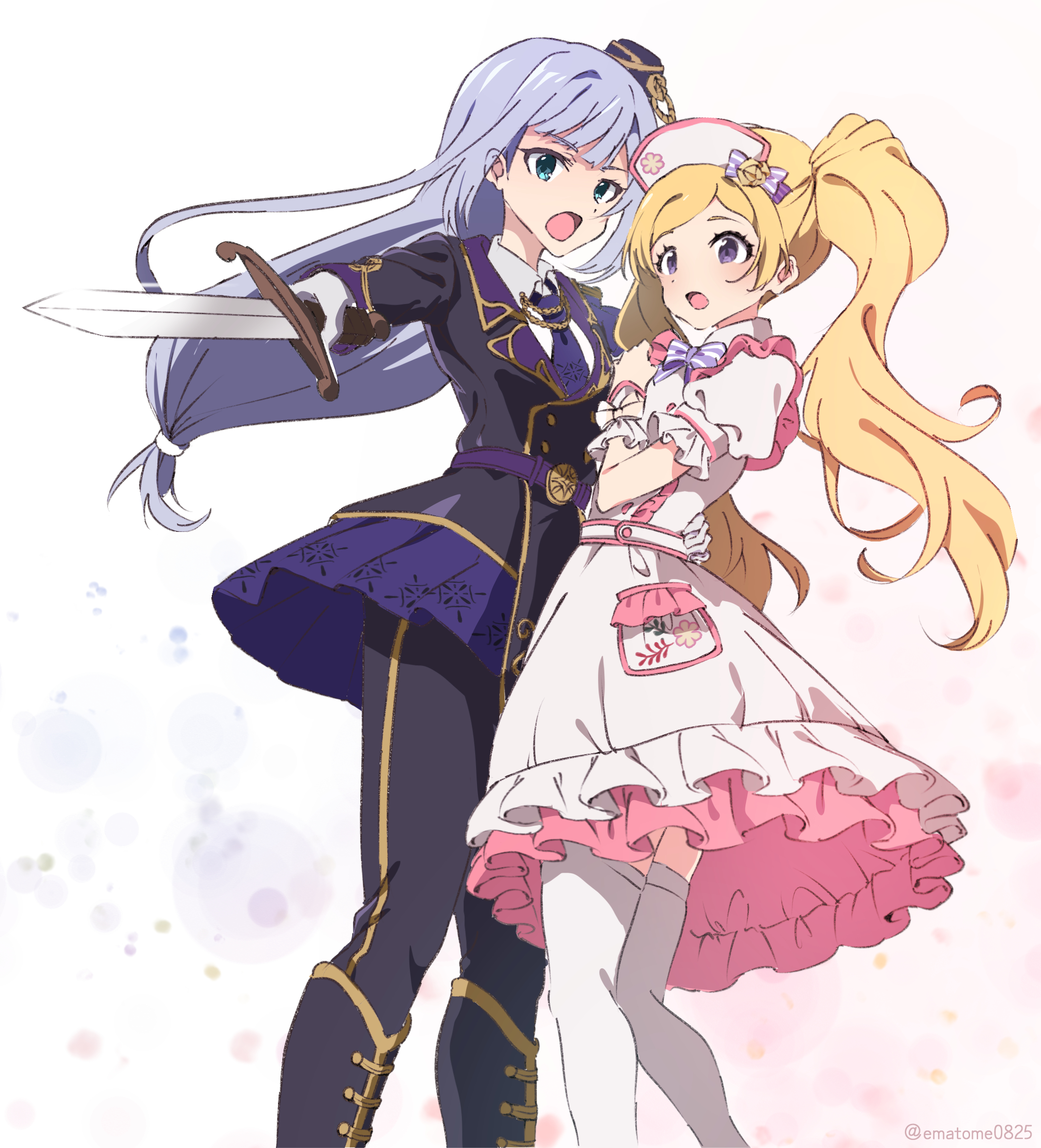 hikono, emily stewart, shiraishi tsumugi, idolmaster, idolmaster million live!, idolmaster million live! theater days, absurdres, highres, 2girls, black jacket, black pants, blonde hair, blue eyes, blue hair, dress, feet out of frame, gloves, hand on another's waist, hat, holding, holding sword, holding weapon, jacket, lapels, long hair, long sleeves, looking at viewer, mini hat, multiple girls, necktie, nurse, nurse cap, official alternate costume, open mouth, pants, puffy short sleeves, puffy sleeves, purple eyes, short sleeves, standing, sword, thighhighs, twintails, twitter username, weapon, white dress, white thighhighs