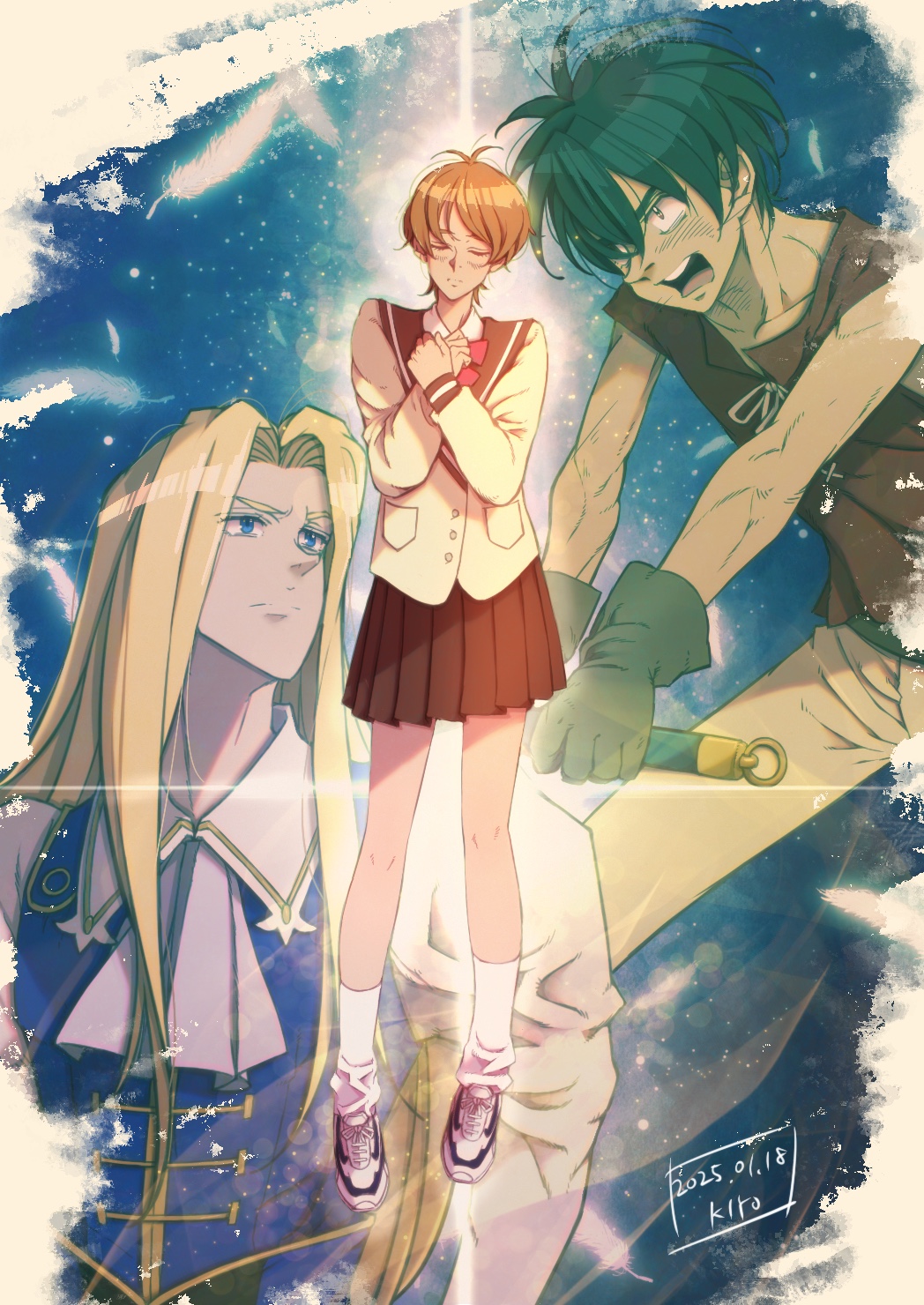 kiyo (a sam ko), allen schezar, kanzaki hitomi, van fanel, tenkuu no escaflowne, highres, 1girl, 2boys, black hair, blonde hair, blue eyes, brown hair, closed eyes, dark-skinned male, dark skin, long hair, multiple boys, school uniform, short hair, skirt, smile, sword, weapon