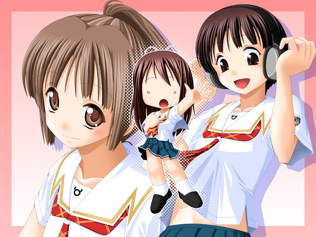 keito (keito-ya), hoshino yuumi, sakino asuka, satonaka narumi, kimi kiss, archived source, commentary request, 2000s (style), 3girls, ankle socks, antenna hair, blouse, blue skirt, blush, border, breasts, brown eyes, brown hair, chibi, closed mouth, collarbone, collared shirt, dated commentary, dot nose, downturned eyes, dress shoes, drop shadow, emblem, full body, halftone, hand on own chest, headphones, kibina high school uniform, loafers, looking at viewer, miniskirt, multiple girls, neckerchief, open hand, open mouth, pink background, pink border, plaid clothes, plaid neckerchief, pleated skirt, ponytail, print sleeves, red neckerchief, retro artstyle, sailor collar, school uniform, shirt, shoes, short sleeves, side slit, skirt, small breasts, smile, socks, upper body, upturned eyes, white eyes, white sailor collar, white shirt, white sleeves, white socks