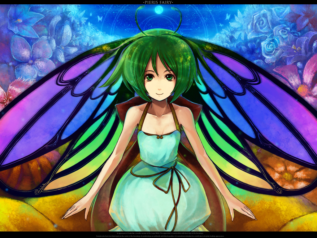 chitose rin, rel, original, bad id, bad pixiv id, 1girl, antennae, dress, fairy, female focus, green hair, head wings, letterboxed, short hair, smile, solo, wings