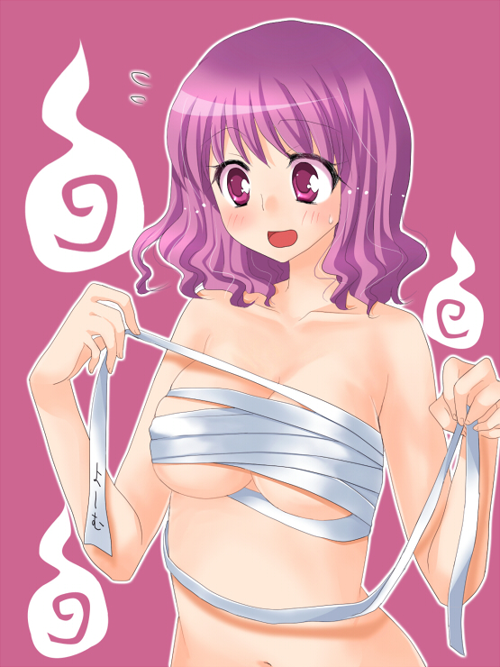 midori (green tea), midori (pixiv), saigyouji yuyuko, touhou, bad id, bad pixiv id, translated, 1girl, breasts, female focus, hitodama, navel, nude, pink hair, purple eyes, purple hair, sarashi, short hair, simple background, solo, sweatdrop, underboob, upper body