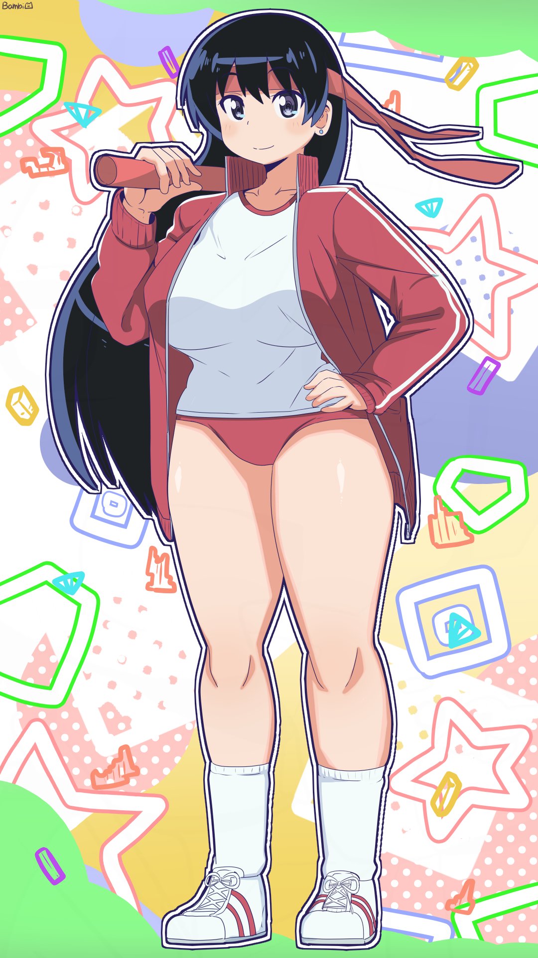 bambi2000line, arato nagi, ruri no houseki, highres, 1girl, black hair, breasts, buruma, earrings, gym uniform, headband, holding baton, jacket, jewelry, large breasts, long hair, long sleeves, looking at viewer, open clothes, open jacket, outline, red buruma, red headband, red jacket, shirt, shoes, signature, smile, sneakers, socks, solo, stud earrings, thighs, white shirt, white socks