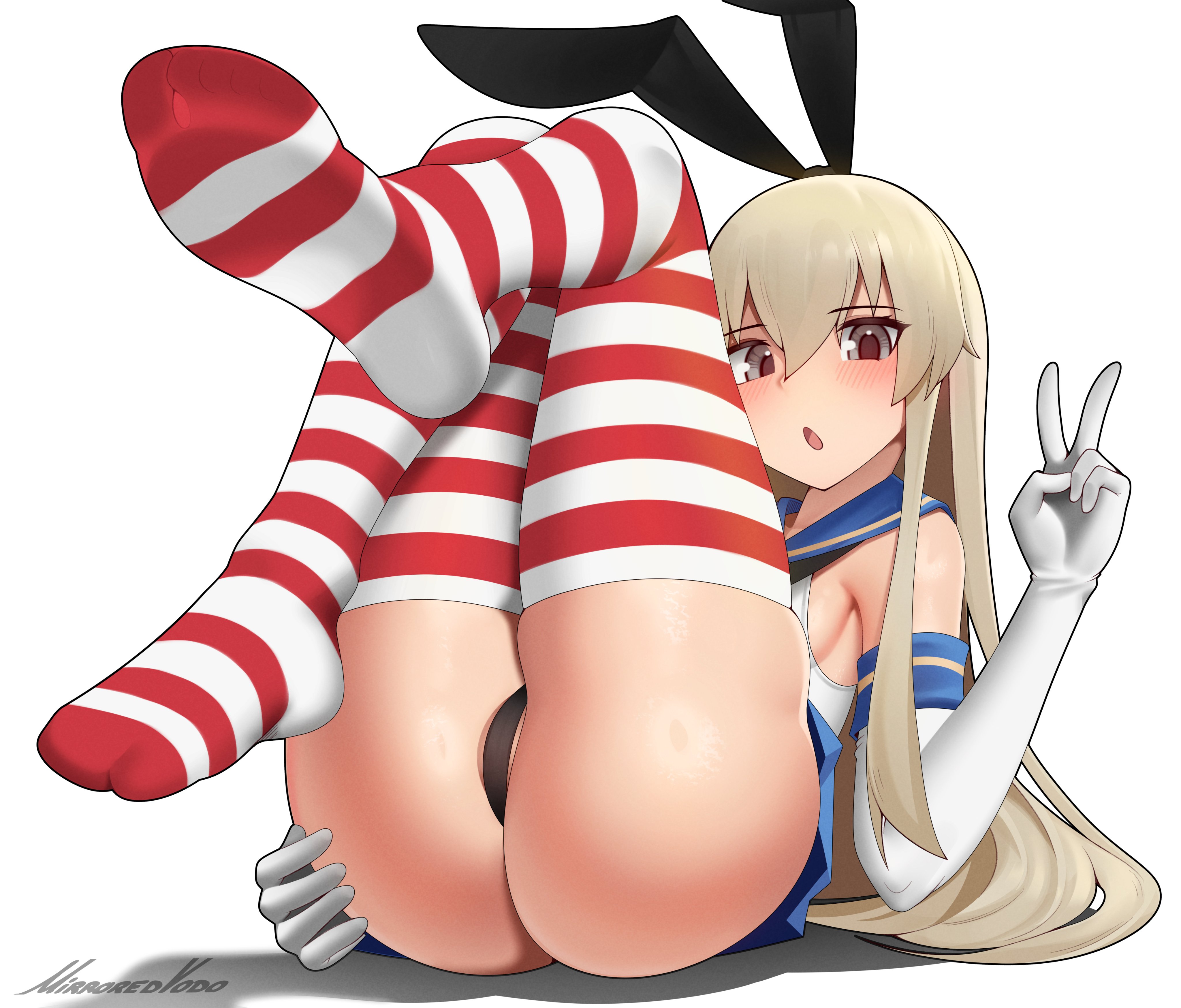 shimakaze (kancolle), kantai collection, absurdres, highres, 1girl, armpits, artist name, ass, ass focus, bare shoulders, black panties, blonde hair, blue sailor collar, blush, breasts, feet, grey eyes, long hair, looking at viewer, mirroredvodo, open mouth, panties, sailor collar, sideboob, skin tight, striped clothes, striped thighhighs, thick thighs, thighhighs, thighs, thong, toes, underwear, v, white background