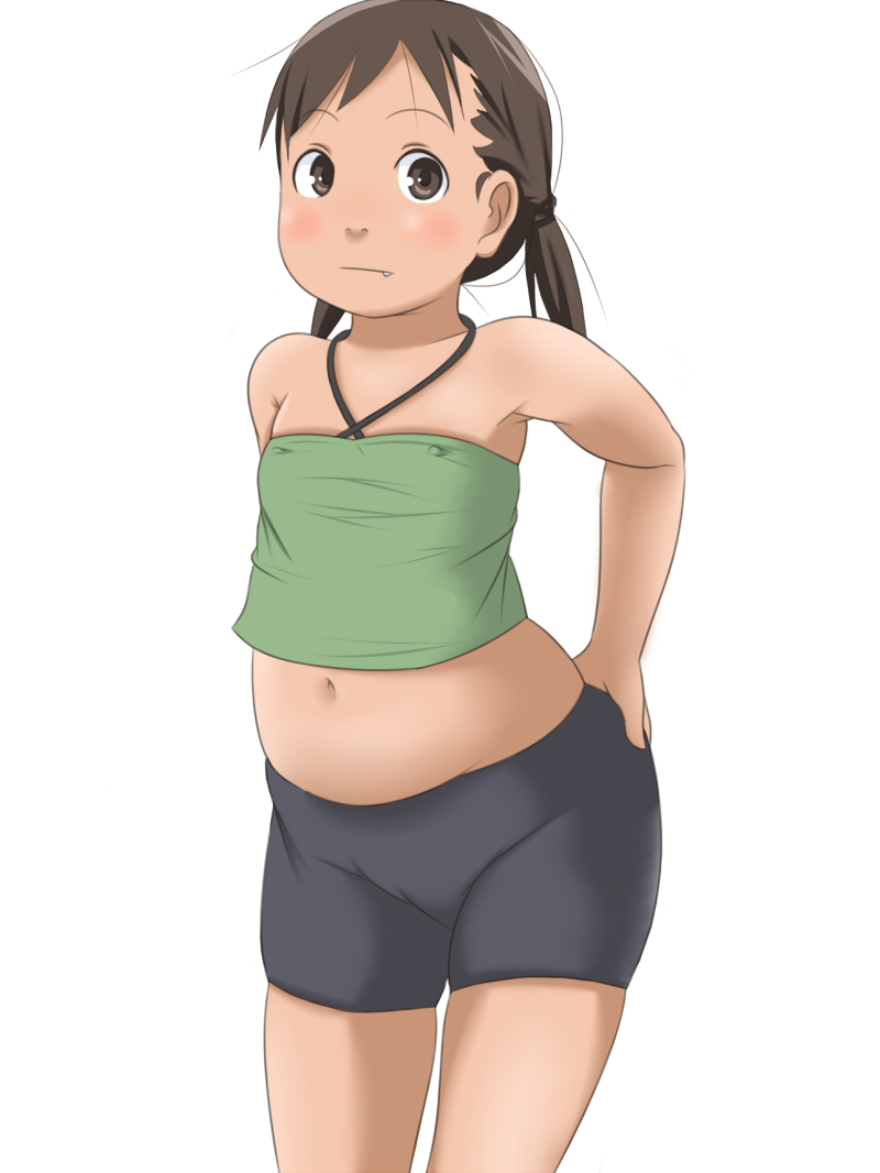 hentai oyaji, original, bad id, bad pixiv id, 1girl, bike shorts, blush, brown eyes, brown hair, covered erect nipples, fang, female focus, flat chest, loli, midriff, plump, solo, twintails