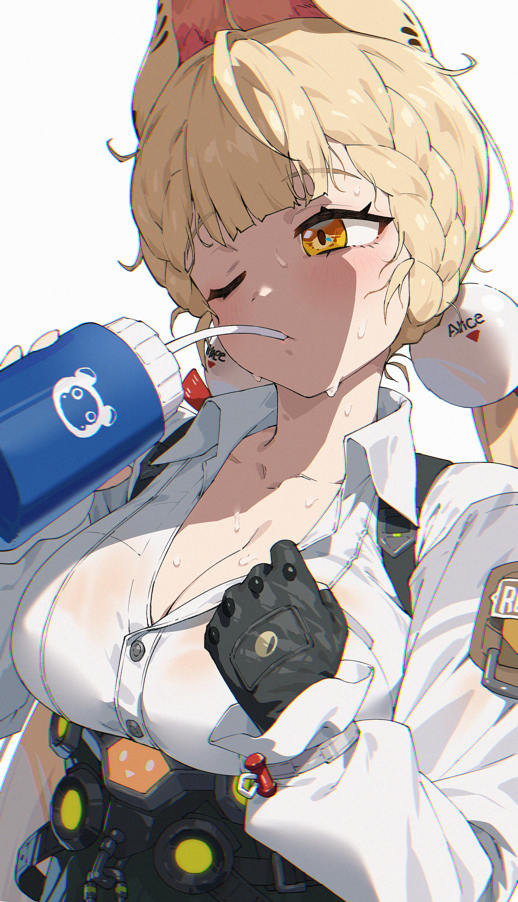 chyko, alice thymefield, zenless zone zero, absurdres, highres, 1girl, animal ears, black gloves, blonde hair, blush, braid, breasts, cleavage, collarbone, cup, drinking, gloves, holding, holding cup, large breasts, long hair, long sleeves, low twintails, one eye closed, rabbit ears, rabbit girl, shirt, simple background, solo, sweat, twintails, white background, white shirt, yellow eyes