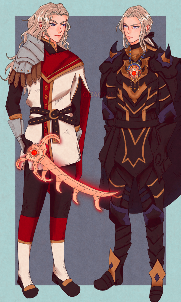 dietrich (fire emblem), jeritza von hrym, fire emblem, fire emblem: fortune's weave, fire emblem: three houses, nintendo, 2boys, armor, black armor, blonde hair, cosplay, costume switch, gizaoyas, holding, holding sword, holding weapon, long hair, multiple boys, sword, weapon