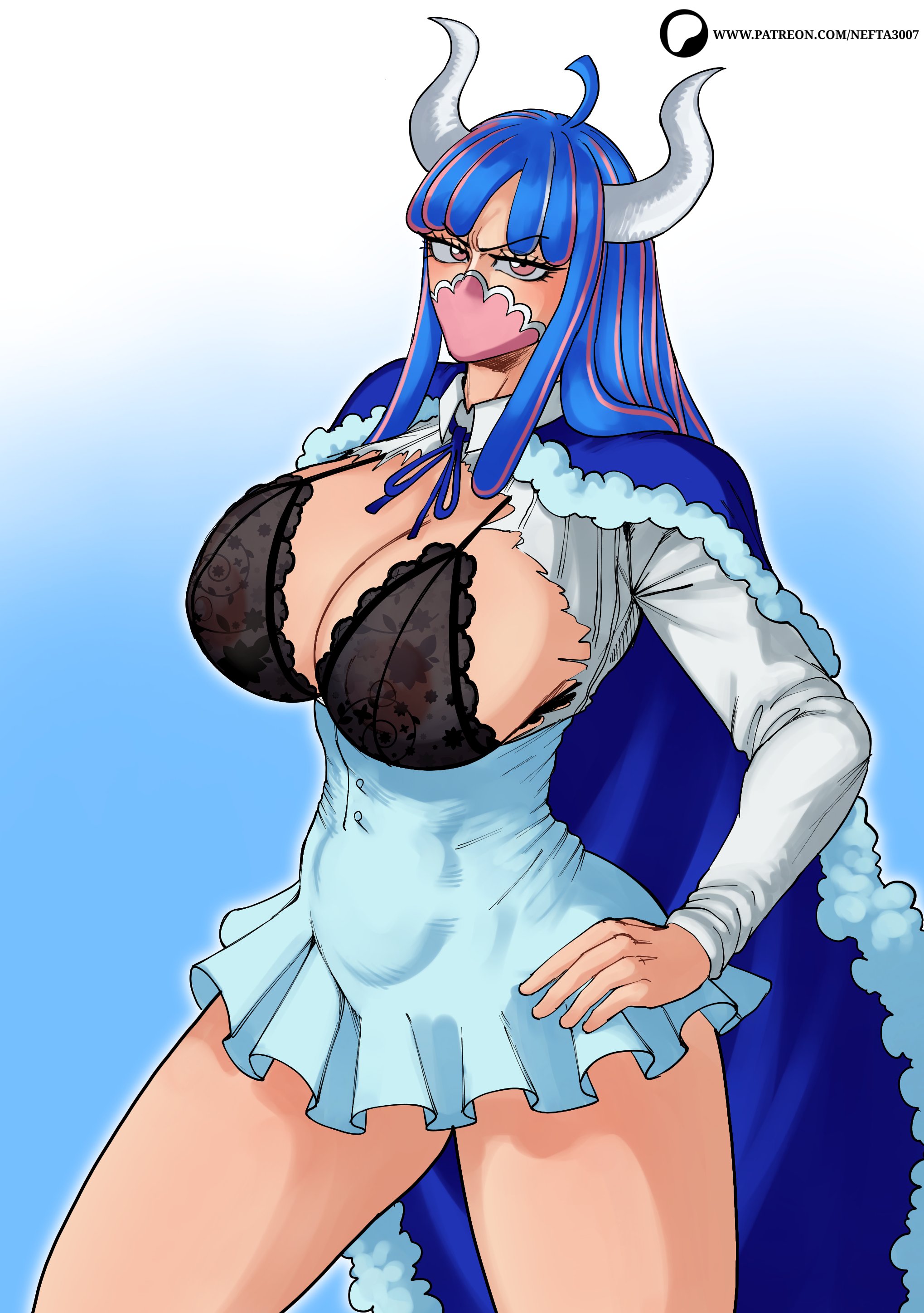 ulti (one piece), one piece, 1girl, annoyed, blue cape, blue hair, blue ribbon, bra, breasts, cape, collar, dress, hand on own hip, horns, huge breasts, large breasts, long sleeves, looking at viewer, mask, mouth mask, multicolored hair, nefta3007, patreon username, pink hair, pink mask, ribbon, shirt, short dress, skirt, thick thighs, thighs, torn clothes, two-tone hair, underwear, white shirt