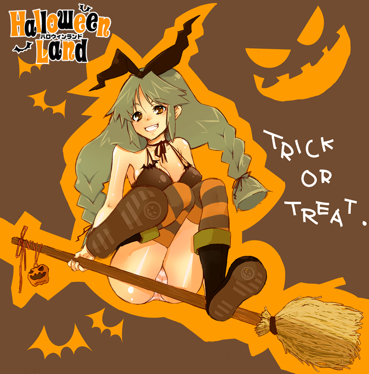 chako nejio, kazuki, bad id, bad pixiv id, 1girl, ass, boots, braid, broom, broom riding, brown background, female focus, green hair, hair ribbon, halloween, long hair, panties, pantyshot, ribbon, sidesaddle, solo, striped clothes, striped panties, striped thighhighs, thighhighs, trick or treat, twin braids, underwear