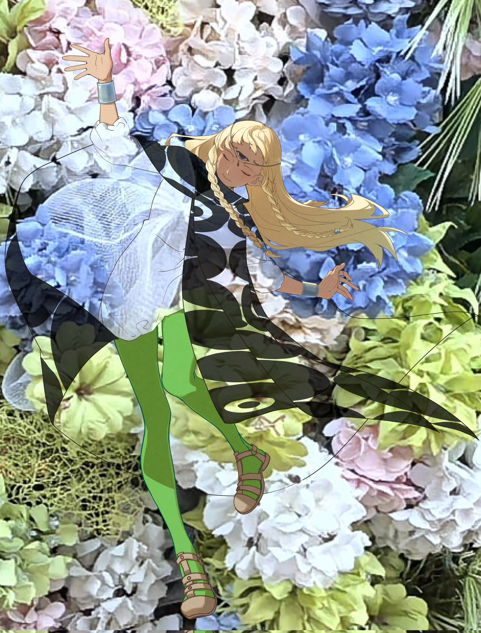 you92, eupha (metaphor: refantazio), metaphor: refantazio, commentary, highres, 1girl, blonde hair, blue flower, braid, closed eyes, closed mouth, dark-skinned female, dark skin, dress, floating hair, flower, green pantyhose, long hair, long sleeves, pantyhose, photo background, poncho, purple eyes, smile, solo, third eye, twin braids