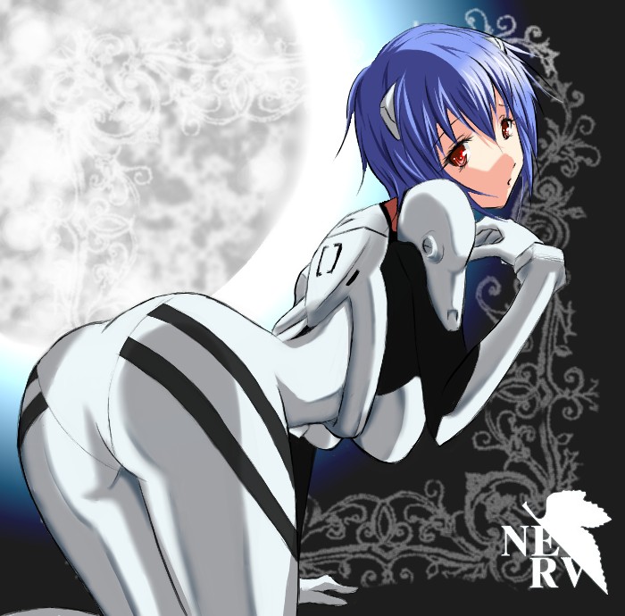 kujou ichiso, ayanami rei, neon genesis evangelion, bad id, bad pixiv id, 1girl, ass, bent over, blue hair, female focus, mecha pilot suit, moon, nerv, plugsuit (evangelion), red eyes, solo