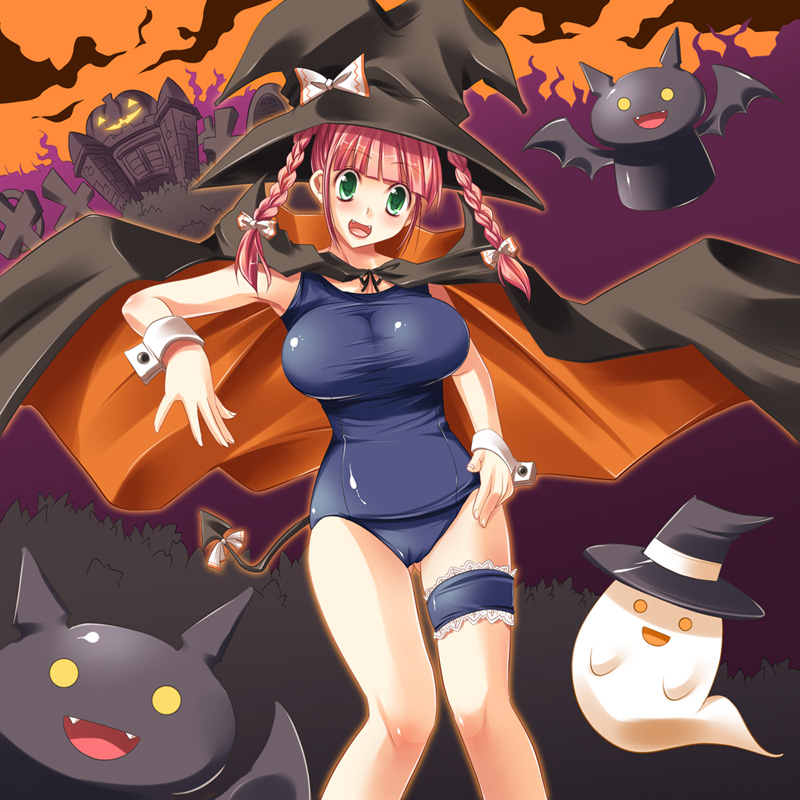 maki (seventh heaven maxion), bad id, bad pixiv id, braid, breasts, cape, halloween, hat, huge breasts, one-piece swimsuit, pink hair, school swimsuit, solo, swimsuit, twin braids, witch hat