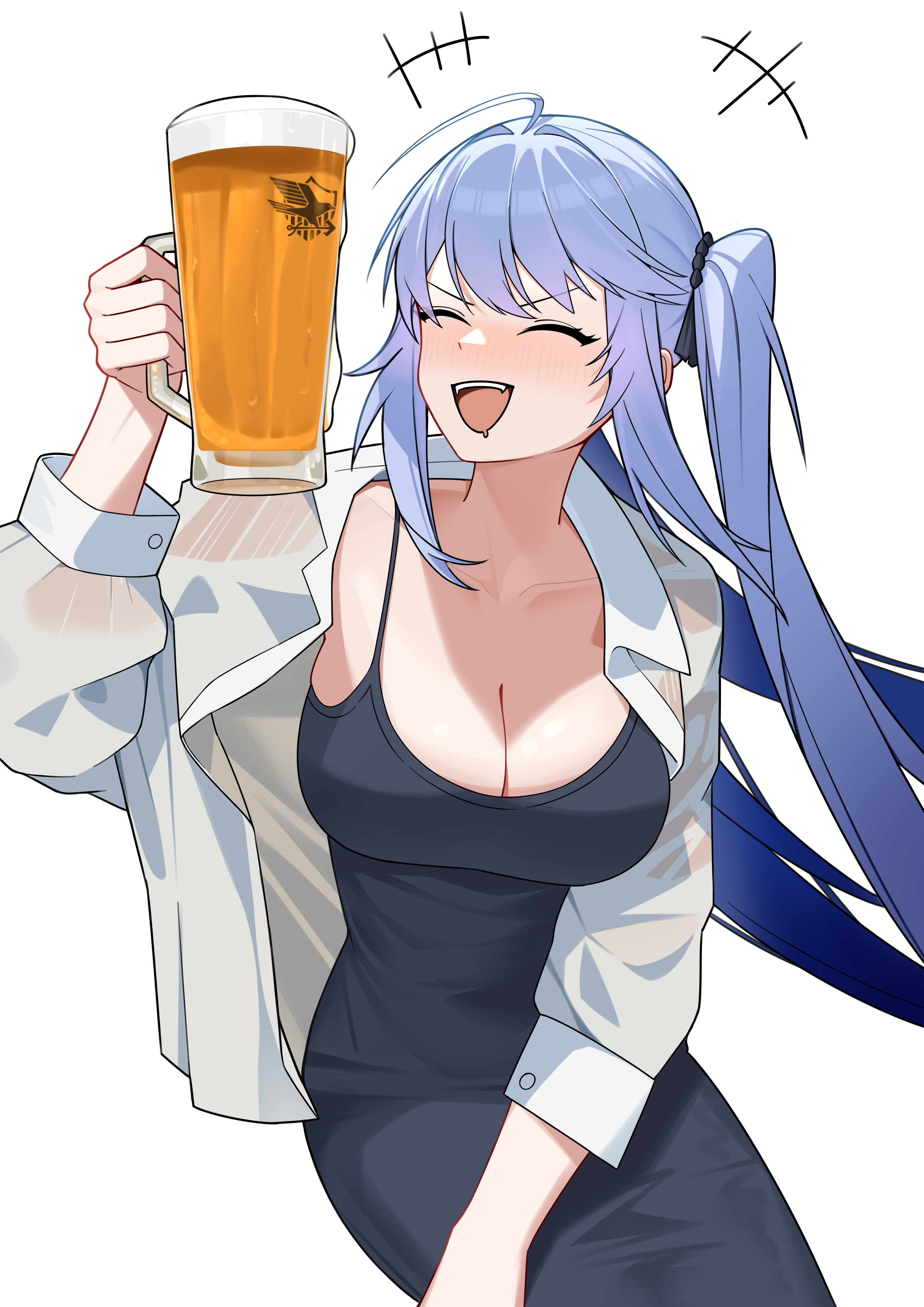 xin sanmu, essex (azur lane), essex (crossbones especial) (azur lane), azur lane, absurdres, chinese commentary, commentary request, highres, 1girl, adapted costume, ahoge, alcohol, bead tail ornament, beer, beer mug, blue dress, blue hair, blush, breasts, casual, cleavage, closed mouth, collarbone, collared shirt, cup, dress, drinking glass, drunk, eagle union (emblem), foam, hand up, holding, holding cup, large breasts, long hair, mug, official alternate costume, open clothes, open mouth, open shirt, saliva, shirt, sidelocks, simple background, sitting, smile, solo, spaghetti strap, teeth, twintails, upper teeth only, very long hair, white background, white shirt