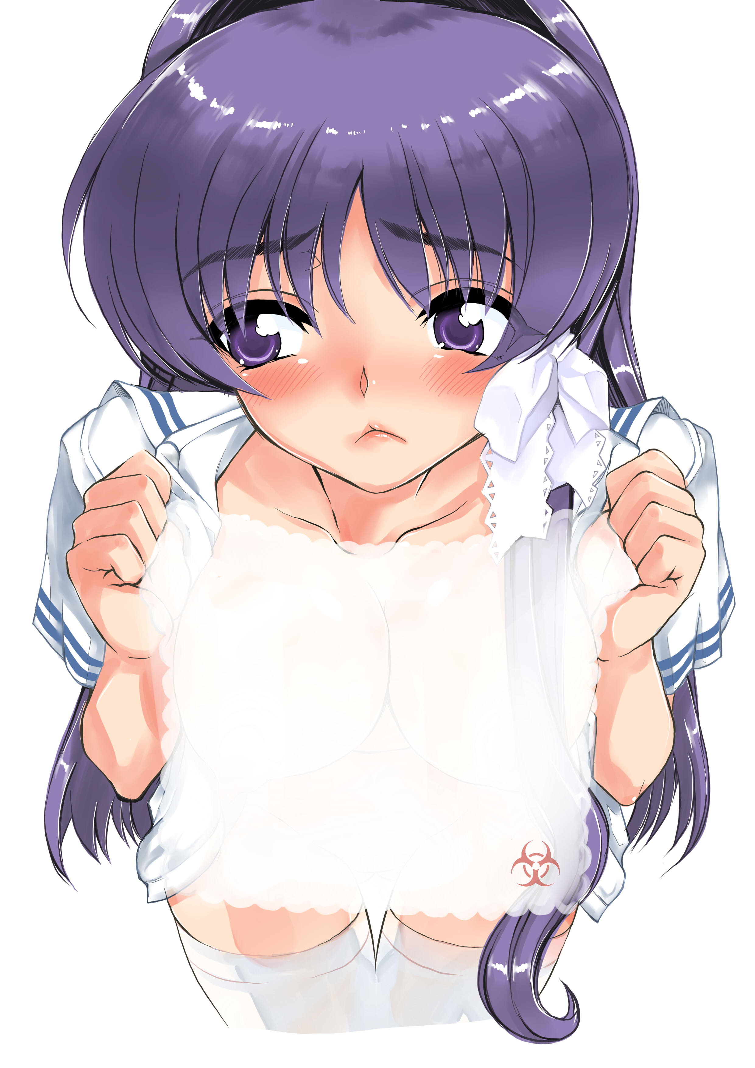 natsu iori, fujibayashi kyou, clannad, absurdres, highres, 00s, :<, blush, purple eyes, purple hair, see-through clothes, thighhighs