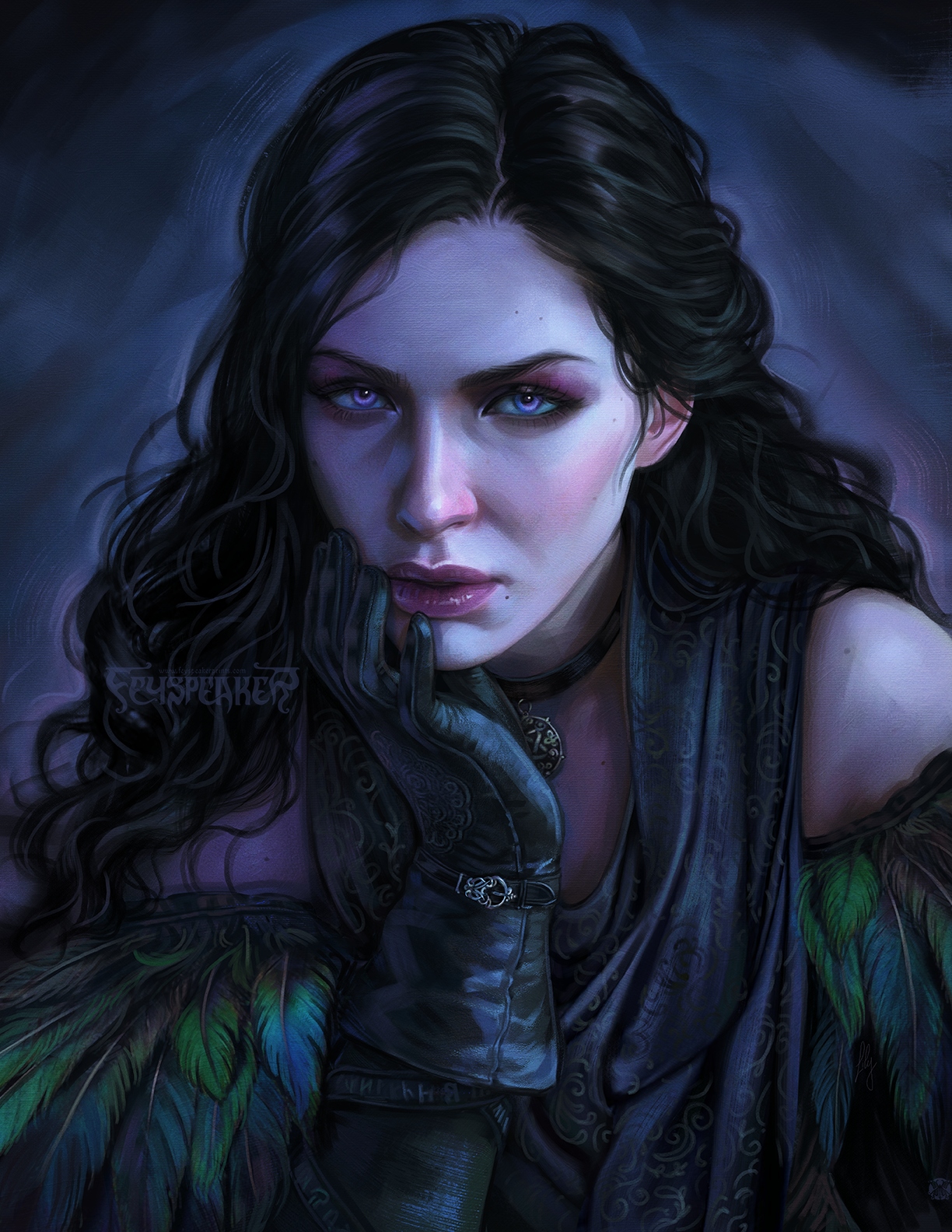feyspeaker, yennefer of vengerberg, the witcher (series), the witcher 3, highres, 1girl, black gloves, black hair, feathers, gloves, long hair, looking at viewer, purple eyes, solo, upper body