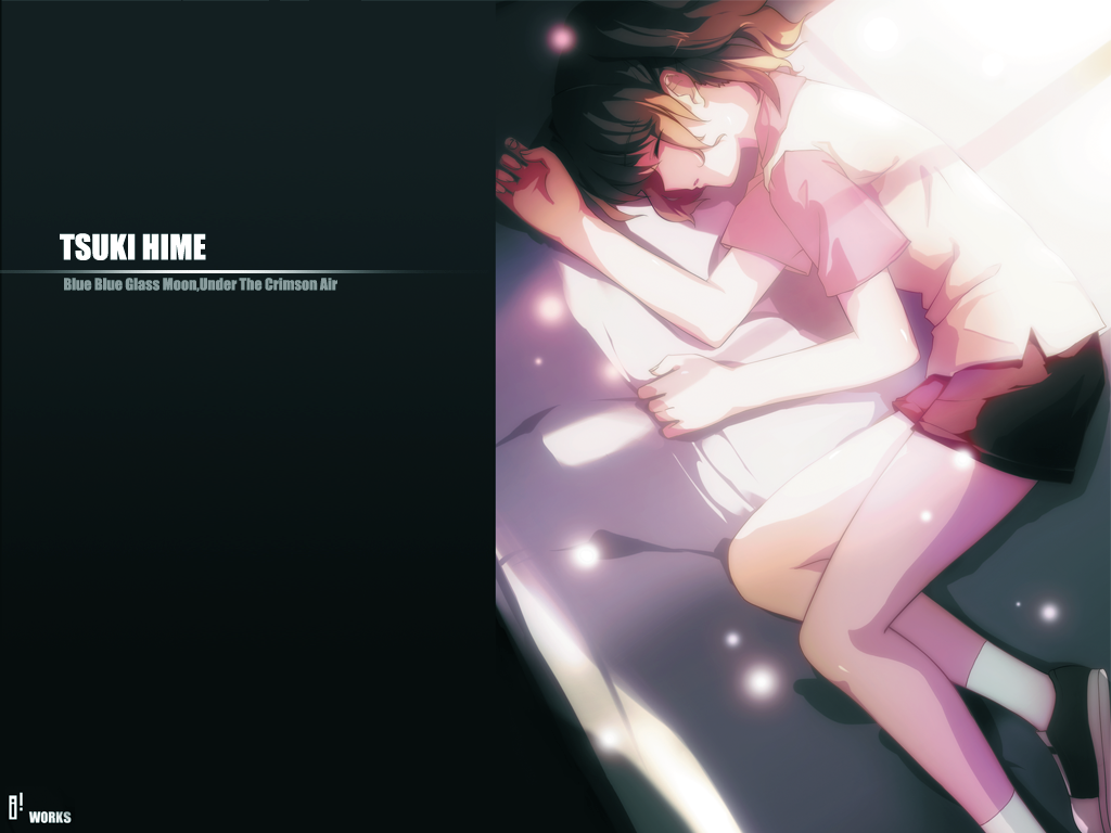ideolo, yumizuka satsuki, tsukihime, light, 00s, bed, fetal position, lying, raglan sleeves, shoes, shorts, sleeping, sneakers, solo