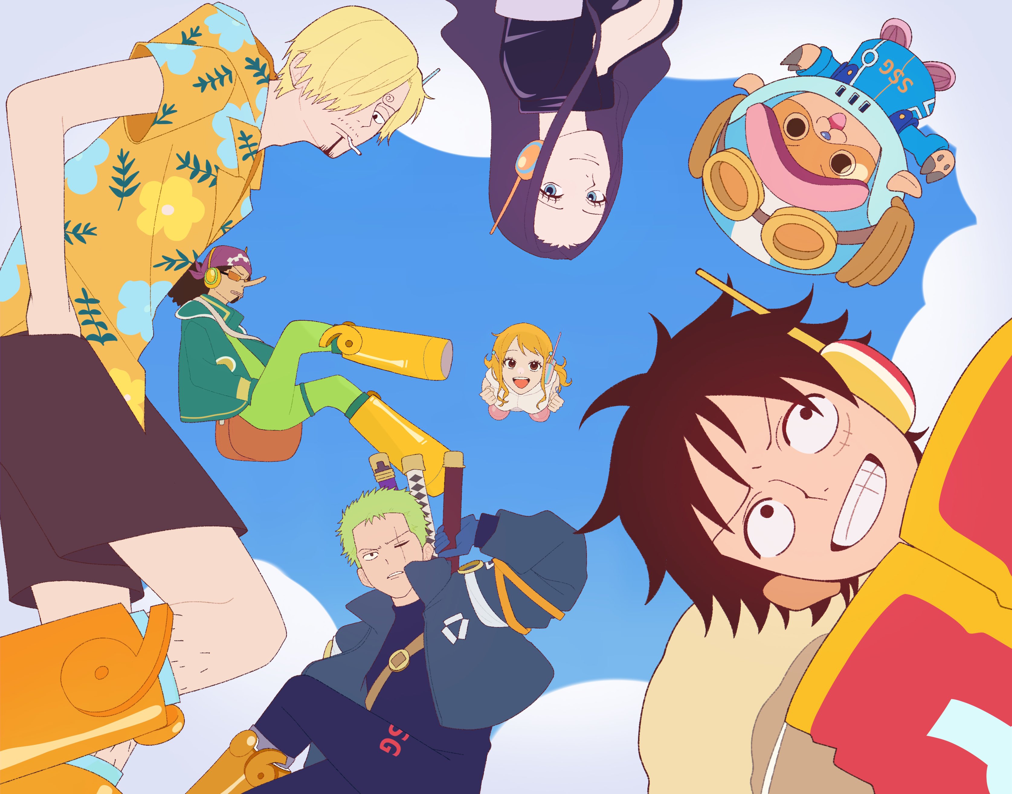 monkey d. luffy, nami (one piece), nico robin, sanji (one piece), tony tony chopper, usopp, one piece, absurdres, highres, black hair, blonde hair, cigarette, coat, curly eyebrows, facial hair, green hair, hands in pockets, hawaiian shirt, jacket, multiple boys, multiple girls, ntuki oo3, orange hair, shirt