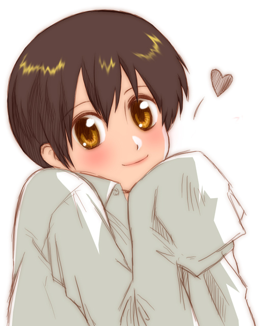 kikumaru bunta, fujioka haruhi, ouran high school host club, 00s, 1girl, androgynous, black hair, blush, brown eyes, female focus, heart, oversized clothes, reverse trap, shirt, short hair, solo, white shirt