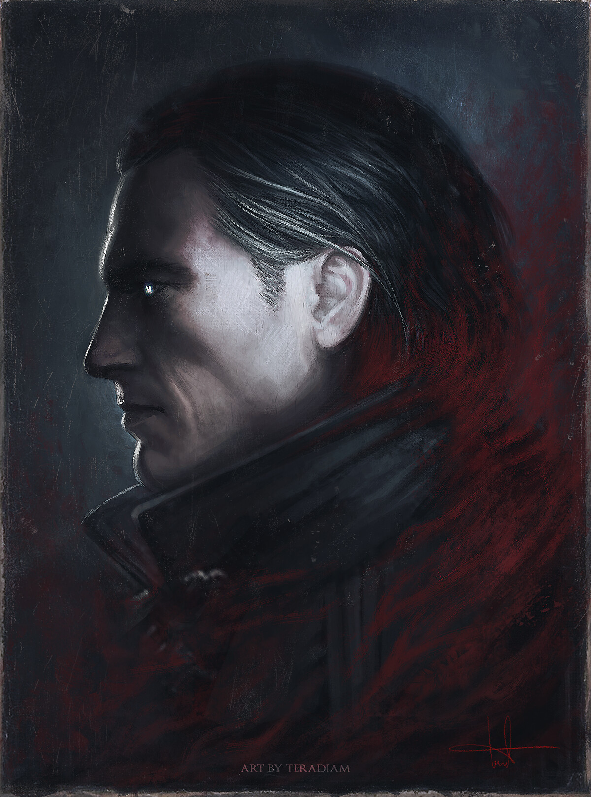 teradiam, the witcher (series), the witcher 3, highres, 1boy, artist name, black hair, black sclera, colored sclera, dettlaff van der eretein, from side, portrait, signature, solo, upper body, white eyes