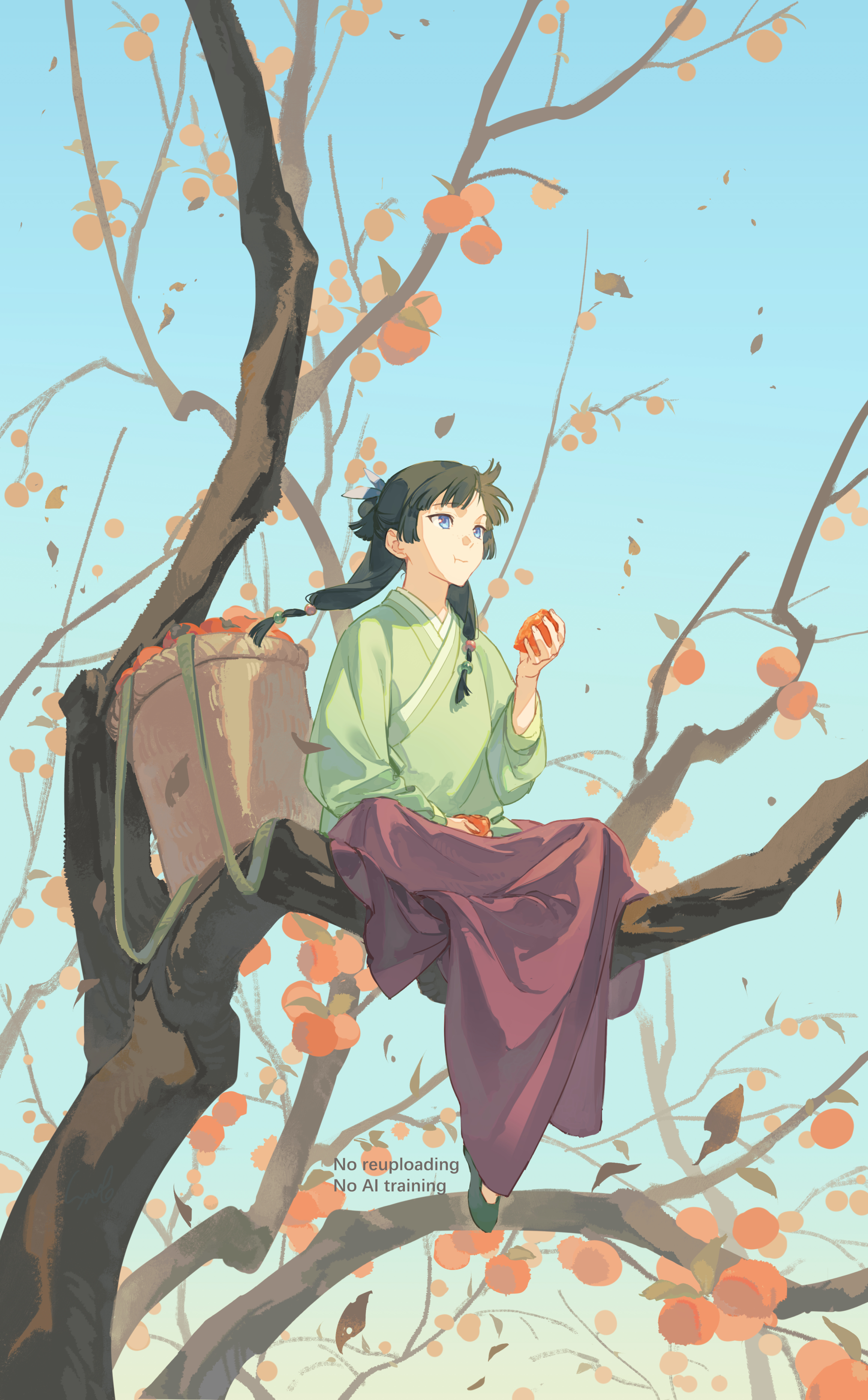 tsubsa syaoin, maomao (kusuriya no hitorigoto), kusuriya no hitorigoto, absurdres, highres, 1girl, basket, beads, black shoes, blue eyes, chinese clothes, eating, flats, food, fruit, full body, green hair, green shirt, hair beads, hair bun, hair ornament, holding, holding food, holding fruit, in tree, persimmon, purple skirt, shirt, shoes, sidelocks, skirt, solo, tree
