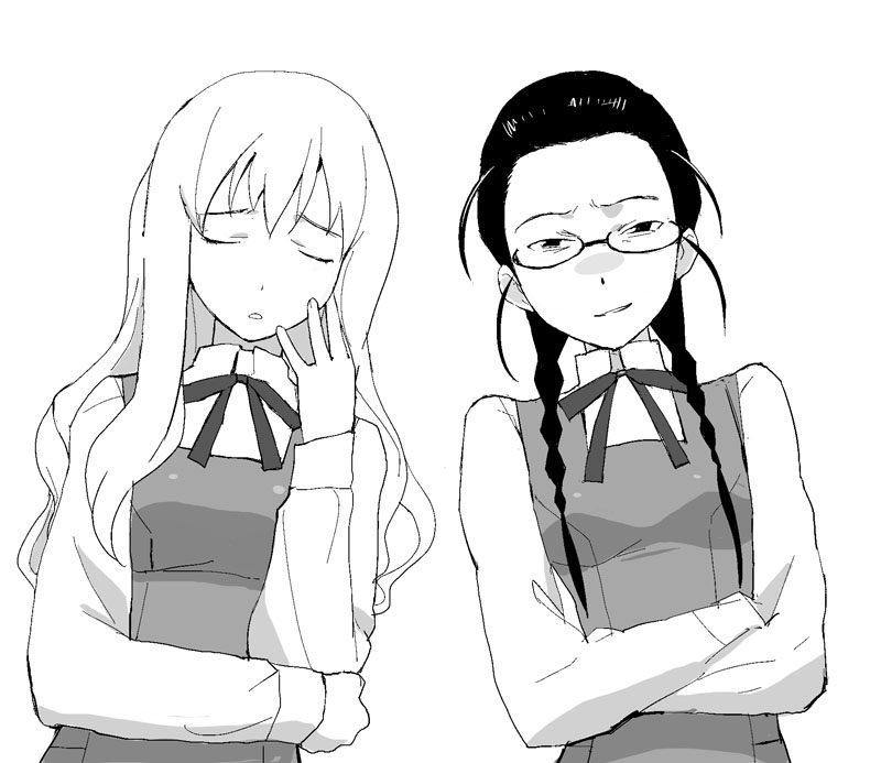 a1 (initial-g), kimura takako, ookouchi shino, kannagi, 00s, 2girls, braid, closed eyes, crossed arms, forehead, glasses, greyscale, long hair, monochrome, multiple girls, school uniform, serafuku, twin braids