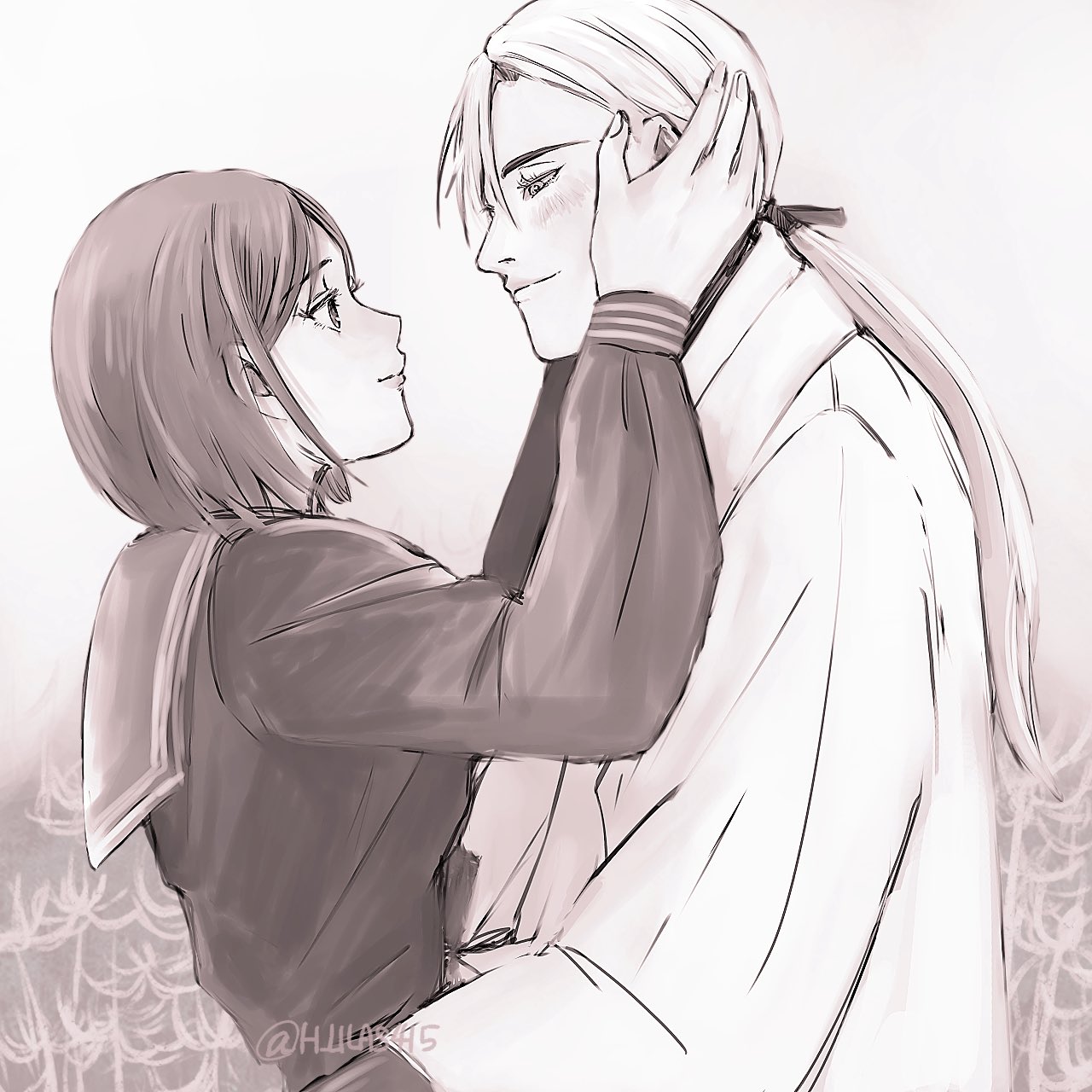 fox mask (silent hill), shimizu hinako, silent hill (series), silent hill f, highres, 1boy, 1girl, black hair, blush, closed mouth, couple, flower, h lilas415, hair between eyes, hands on another's cheeks, hands on another's face, hetero, japanese clothes, long hair, looking at another, low ponytail, parted bangs, ponytail, robe, sailor collar, school uniform, sepia, serafuku, short hair, smile, spider lily, twitter username, upper body, white hair, white robe, wide sleeves