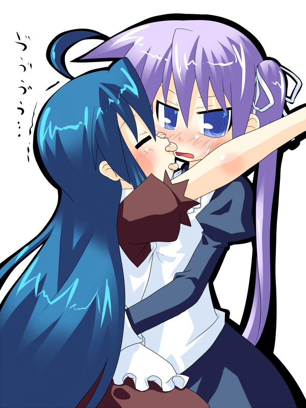 hujikok, hiiragi kagami, izumi konata, lucky star, bad id, bad pixiv id, 00s, ahoge, alternate costume, blue eyes, blue hair, blush, enmaided, long hair, maid, purple hair, simple background, twintails