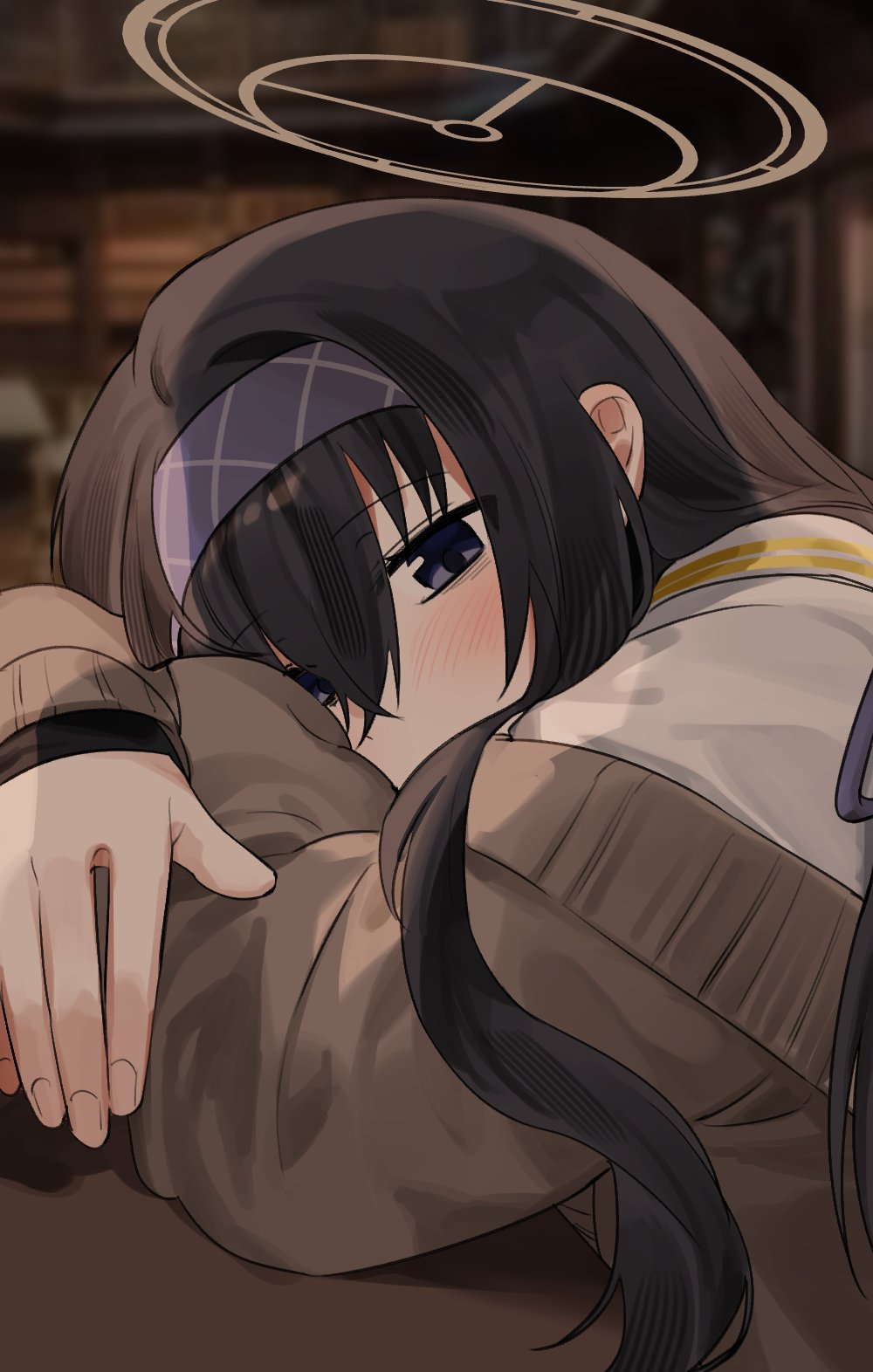 renirum 14, ui (blue archive), blue archive, highres, 1girl, blush, cardigan, covered mouth, crossed arms, hair between eyes, hairband, halo, leaning forward, looking at viewer, school uniform, serafuku, sidelocks