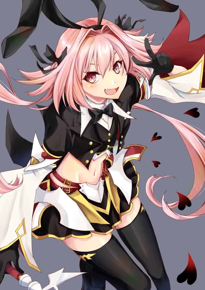 narim, astolfo (fate), astolfo (saber) (fate), astolfo (saber) (second ascension) (fate), fate/grand order, fate (series), 1boy, animal ears, armored skirt, black bow, black bowtie, black gloves, black skirt, black thighhighs, black vest, blush, bow, bowtie, buttons, collar, cropped vest, crossdressing, crossdressing (mtf), dot nose, fake animal ears, fang, gloves, grey background, hair bow, hair intakes, heart, holding, holding weapon, loafers, long hair, long sleeves, male focus, midriff, miniskirt, multiple hair bows, navel, open mouth, pink hair, pleated skirt, purple eyes, rabbit ear headwear, shoes, simple background, single hair streak, skin fang, skirt, smile, solo, thighhighs, trap, twintails, very long hair, vest, weapon, white collar, white hair, white sleeves, zettai ryouiki