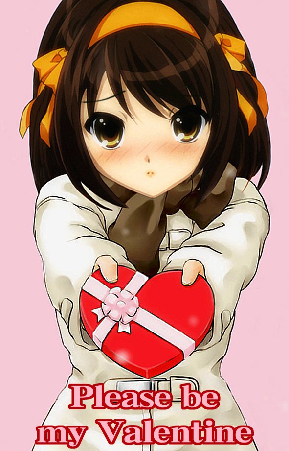 suzumiya haruhi, suzumiya haruhi no yuuutsu, 00s, 1girl, blush, chocolate, english text, female focus, heart, image macro (meme), incoming gift, simple background, solo, valentine