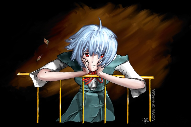 ayanami rei, neon genesis evangelion, blue hair, pale skin, red eyes, school uniform, serafuku, short hair