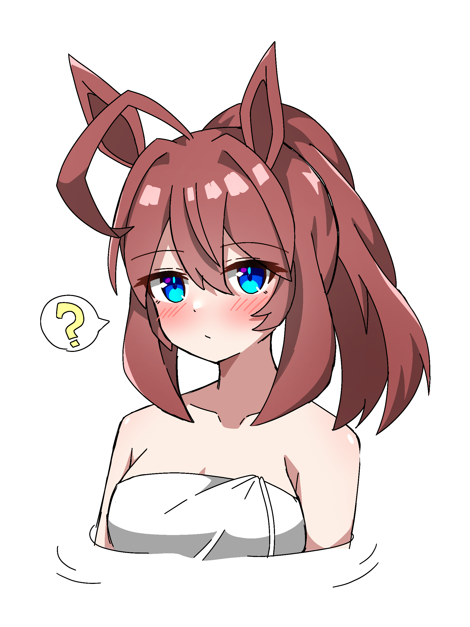 shikimiya life, mihono bourbon (umamusume), umamusume, absurdres, commentary request, highres, 1girl, ?, ahoge, alternate hairstyle, animal ears, blue eyes, blush, breasts, brown hair, cleavage, closed mouth, horse ears, horse girl, looking at viewer, medium breasts, naked towel, ponytail, short hair, solo, spoken question mark, towel, upper body