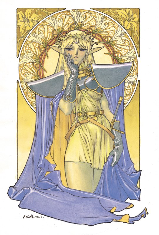 yuuki nobuteru, deedlit, record of lodoss war, official art, 1990s (style), 1girl, armor, black gloves, blonde hair, blue cape, cape, dress, elf, flower, gloves, long hair, looking at viewer, open mouth, pauldrons, pointy ears, retro artstyle, shoulder armor, signature, solo, sword, very long hair, weapon
