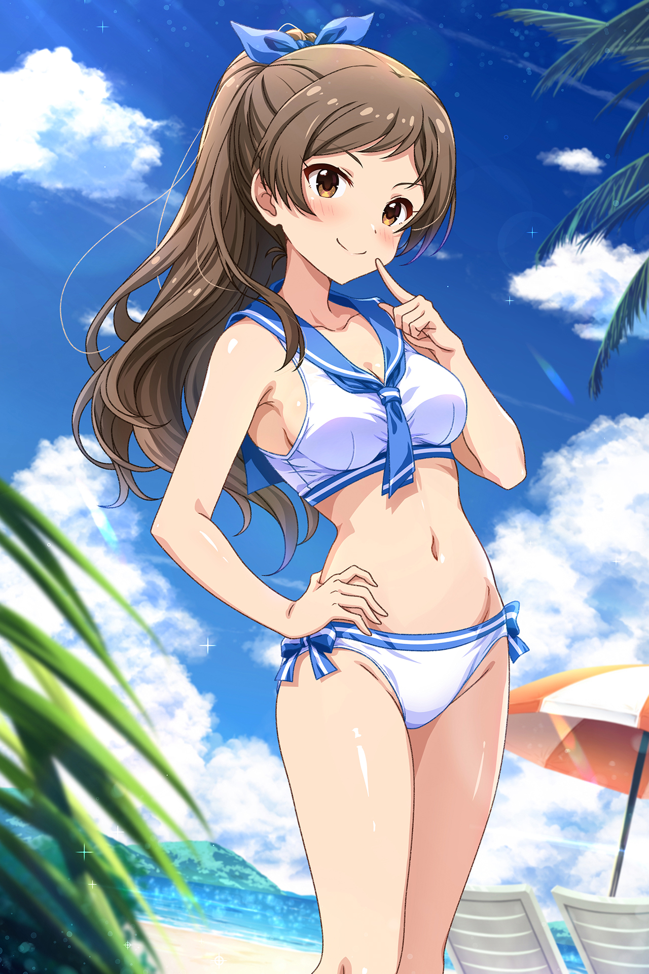 rocktaso co ltd, kitazawa shiho, idolmaster, idolmaster million live!, highres, 1girl, beach, bikini, blue neckerchief, blue sailor collar, blush, breasts, brown eyes, brown hair, cleavage, closed mouth, collarbone, cowboy shot, day, finger to cheek, hand on own hip, long hair, looking at viewer, navel, neckerchief, outdoors, ponytail, sailor bikini, sailor collar, sailor swimsuit (idolmaster), smile, solo, standing, swimsuit, white bikini