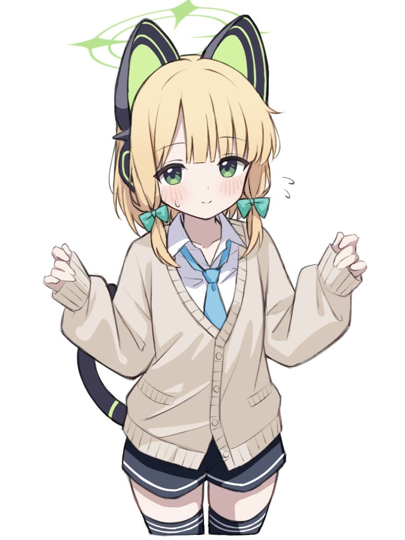 suiran (suiran0111), midori (blue archive), blue archive, 1girl, alternate costume, animal ear headphones, animal ears, black shorts, black tail, black thighhighs, blonde hair, blue necktie, blush, bow, brown cardigan, buttons, cardigan, cat ear headphones, cat ears, cat tail, closed mouth, collarbone, collared shirt, cowboy shot, cropped legs, fake animal ears, fake tail, flying sweatdrops, green bow, green eyes, green halo, hair bow, halo, hands up, headphones, long sleeves, looking at viewer, low-tied sidelocks, medium hair, necktie, parted bangs, puffy long sleeves, puffy sleeves, shirt, short shorts, shorts, sidelocks, simple background, sleeves past wrists, smile, solo, sweatdrop, tail, tail raised, thighhighs, w arms, white background, white shirt