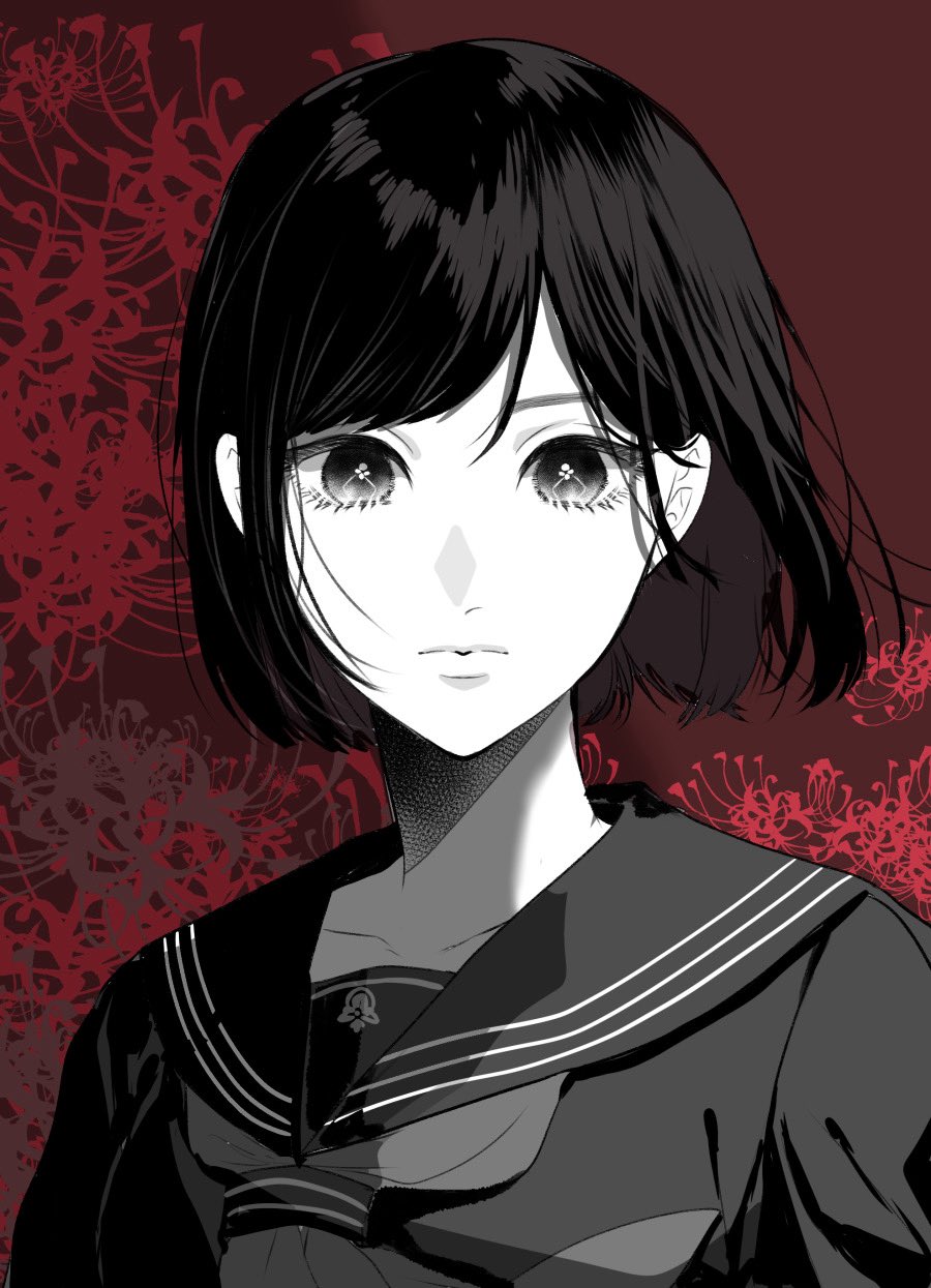 itoko (ldoll itk), shimizu hinako, silent hill (series), silent hill f, highres, 1girl, closed mouth, flower, looking at viewer, neckerchief, school uniform, serafuku, shirt, short hair, solo, spider lily, upper body