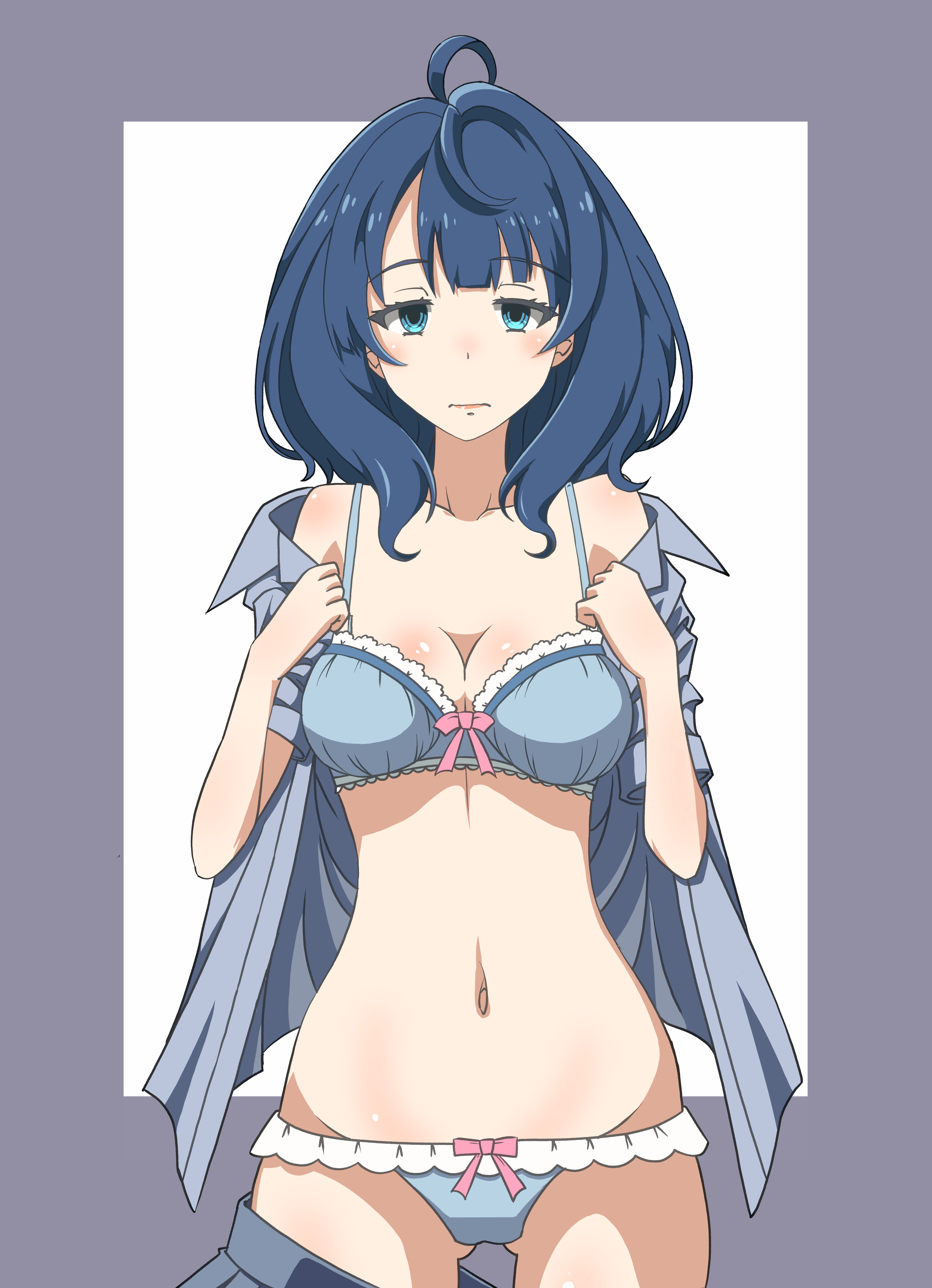 yanami anna, make heroine ga oo sugiru!, highres, 1girl, blue bra, blue panties, bra, breasts, cleavage, clothes pull, half-closed eyes, large breasts, legs, looking at viewer, medium hair, navel, open clothes, open shirt, panties, pink lips, school uniform, skirt, skirt pull, solo, thighs, underwear